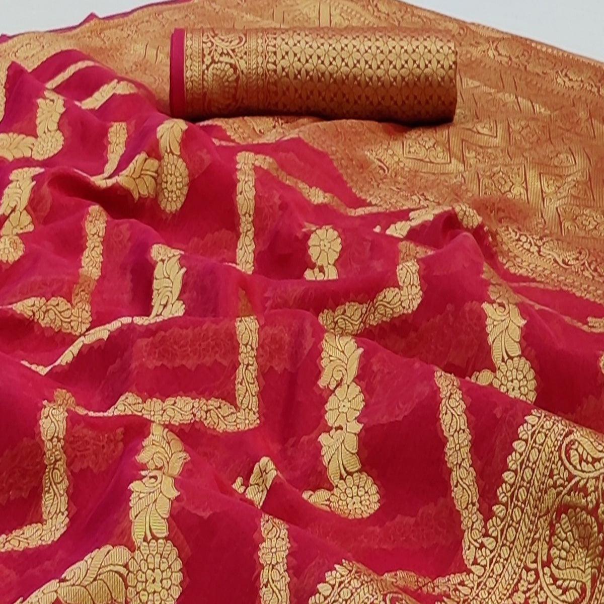 Red Festive Wear Floral Woven Soft Organza Saree - Peachmode
