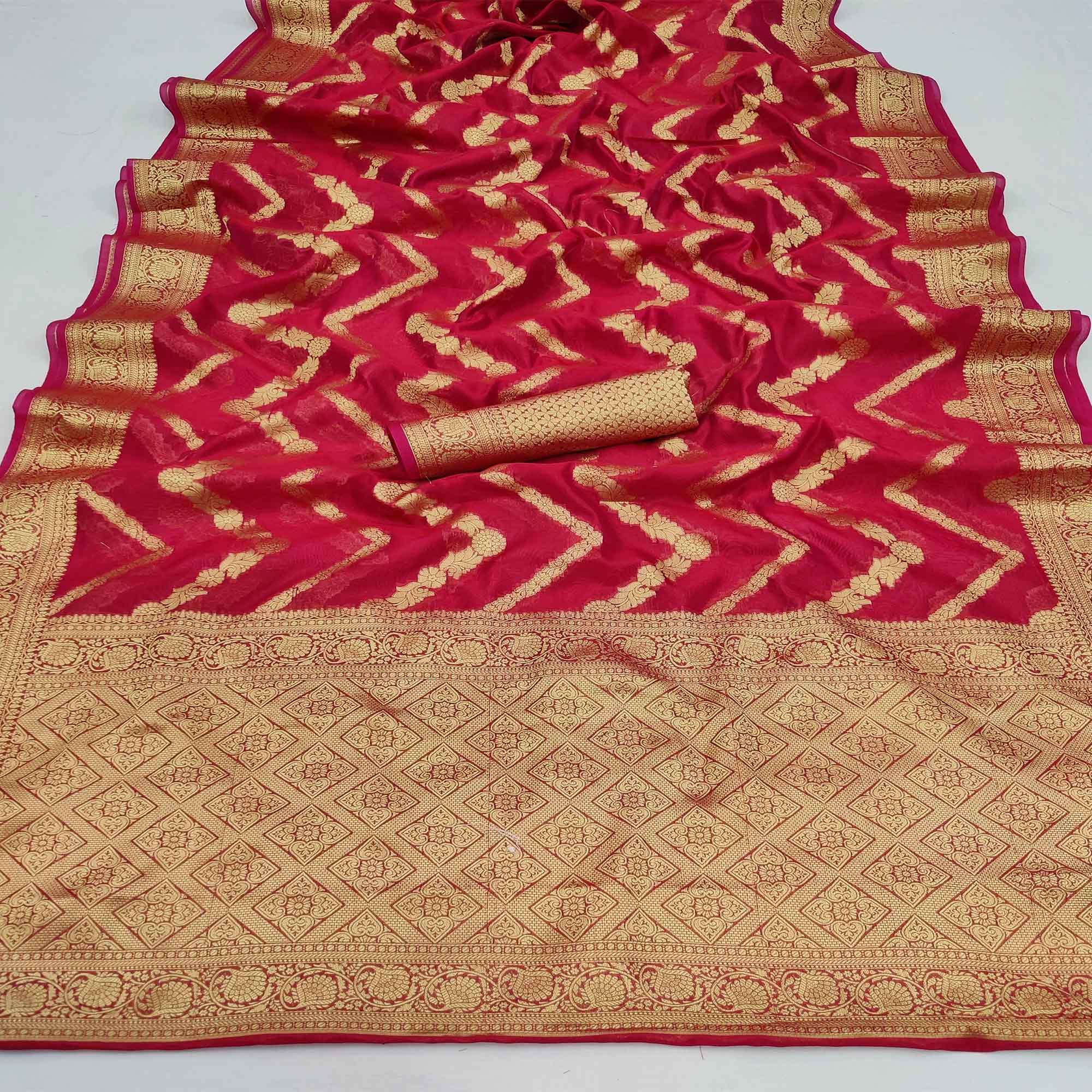Red Festive Wear Floral Woven Soft Organza Saree - Peachmode