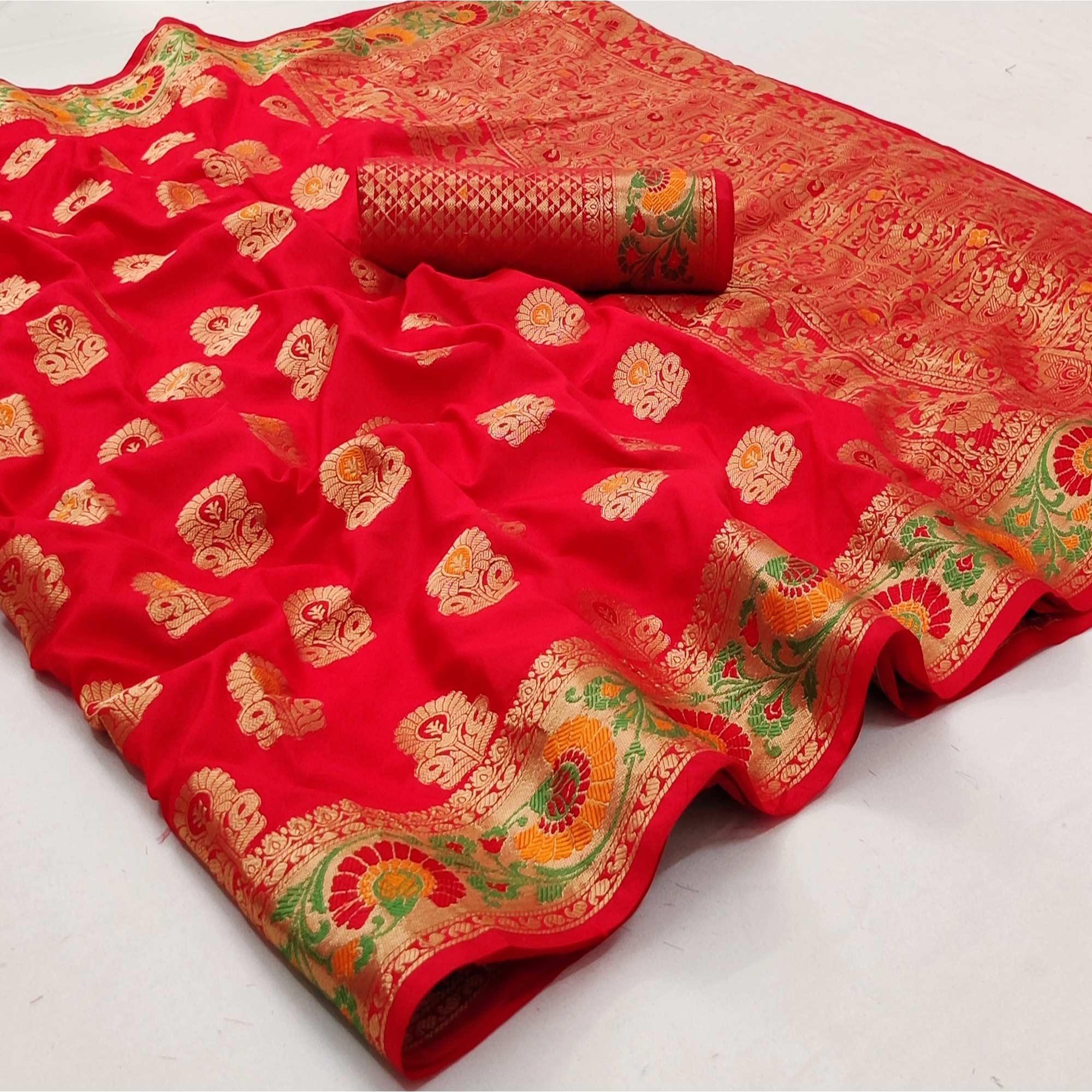 Red Festive Wear Floral Woven Soft Silk Saree - Peachmode