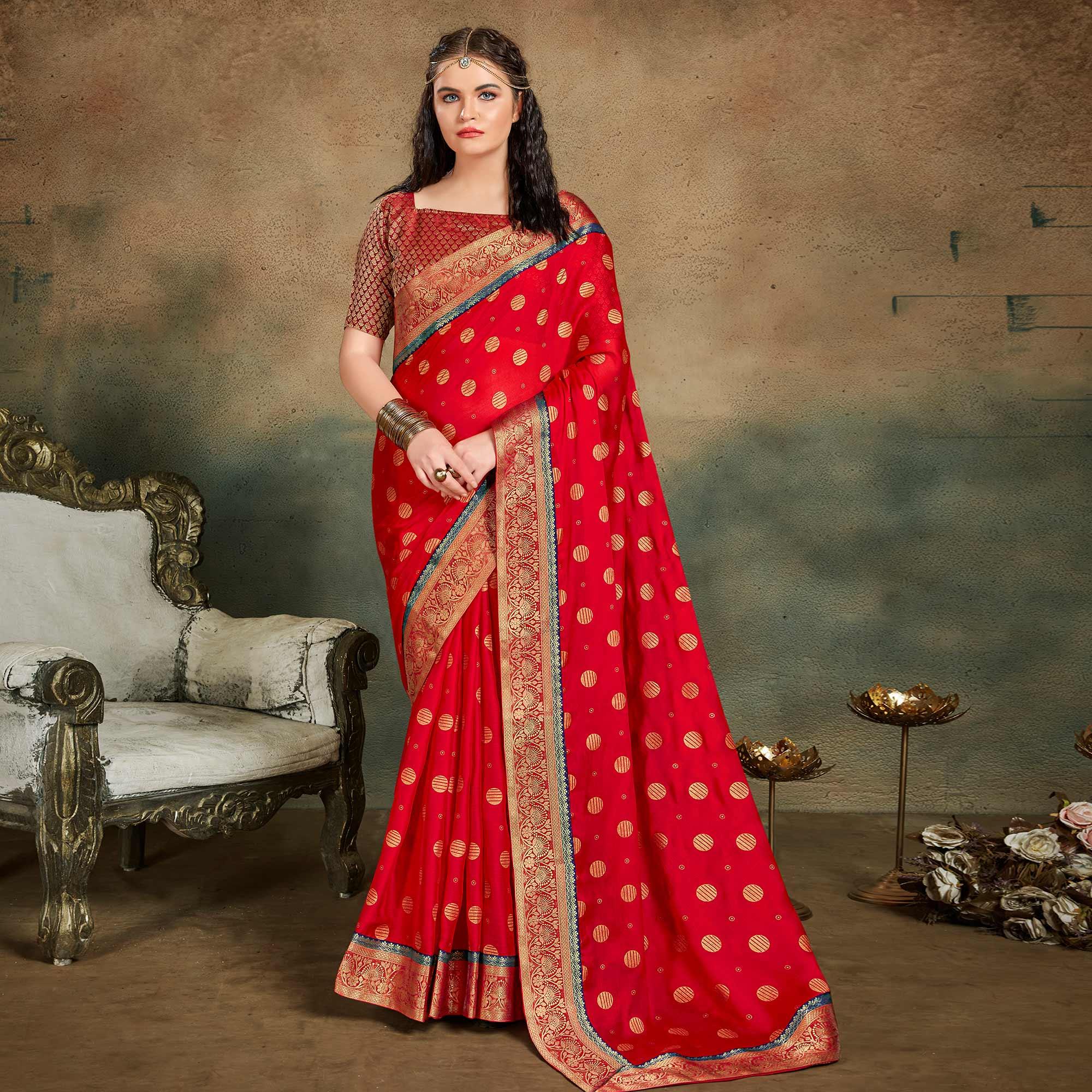 Red Festive Wear Foil Work Chiffon Saree With Banarasi Border - Peachmode