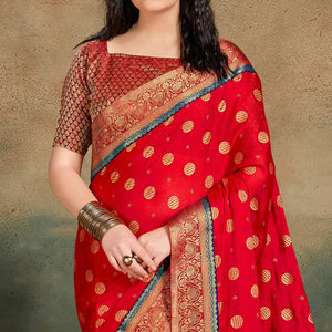 Red Festive Wear Foil Work Chiffon Saree With Banarasi Border - Peachmode