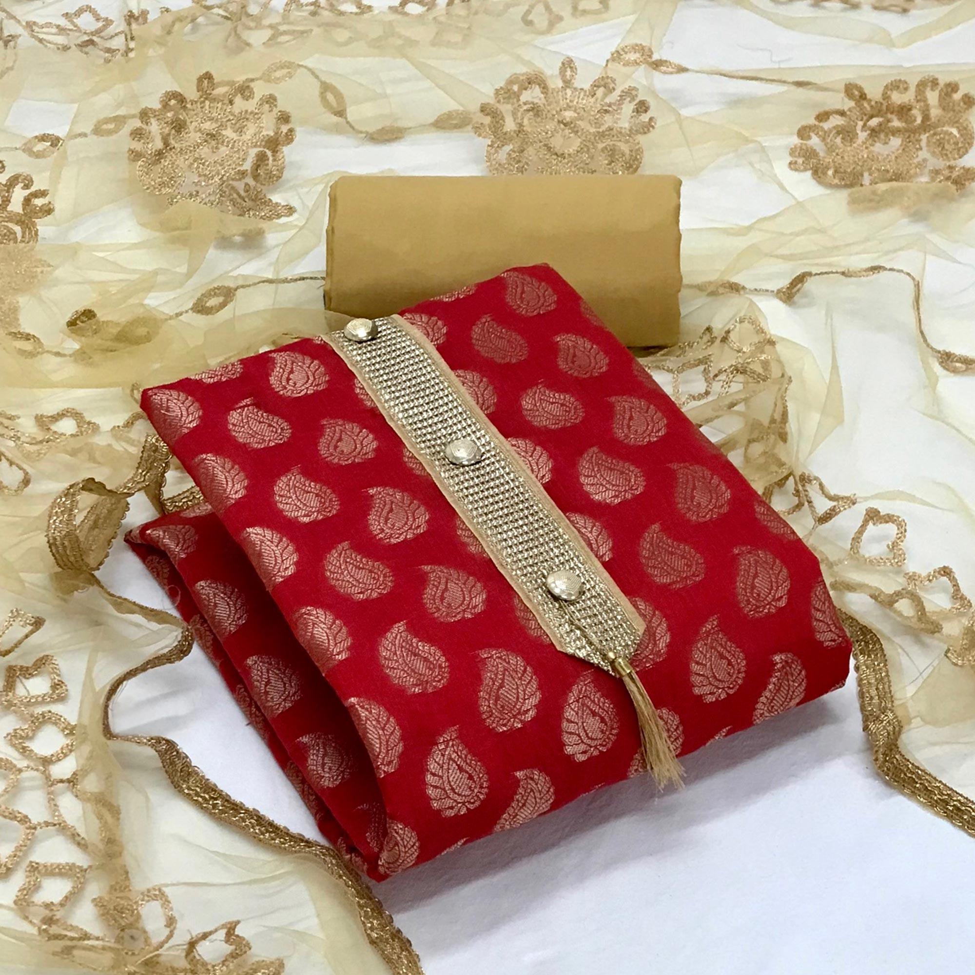 Red Festive Wear Jacquard Banarasi Silk Dress Material - Peachmode