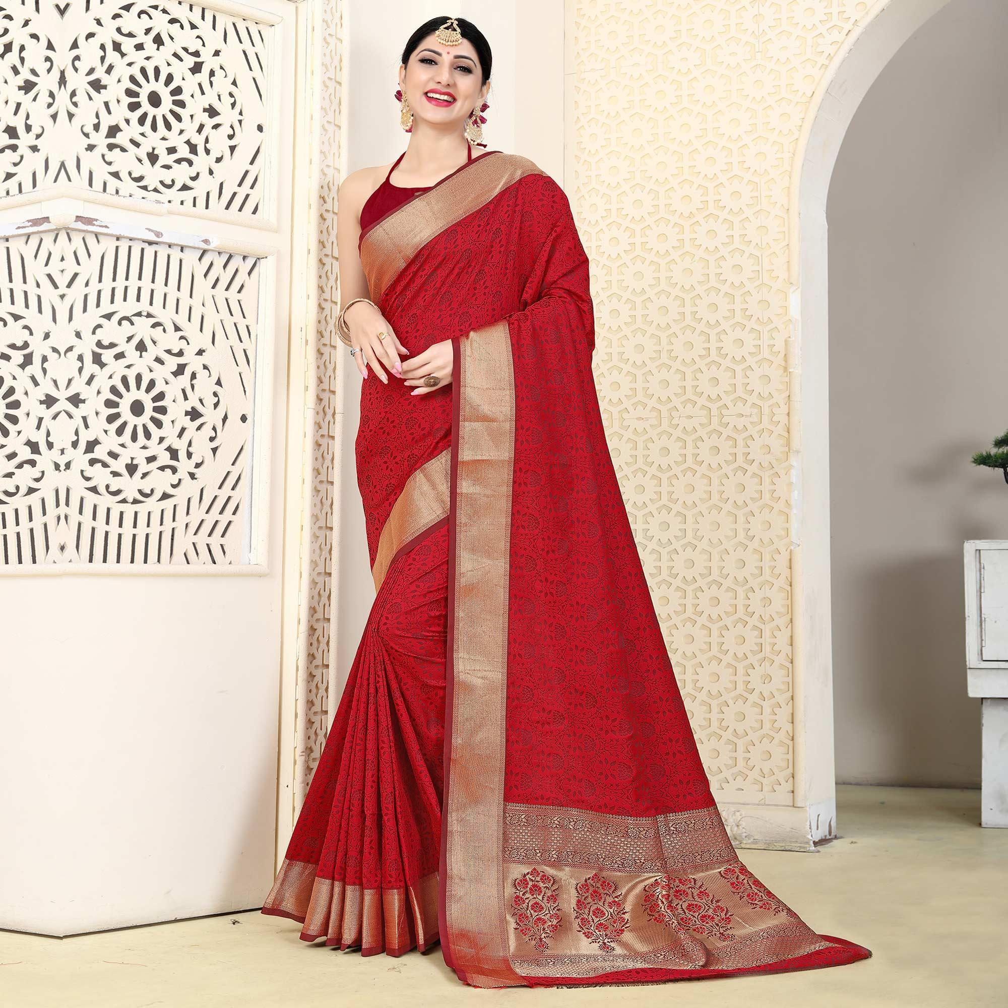 Red Festive Wear Jacquard Border Soft Silk Saree - Peachmode