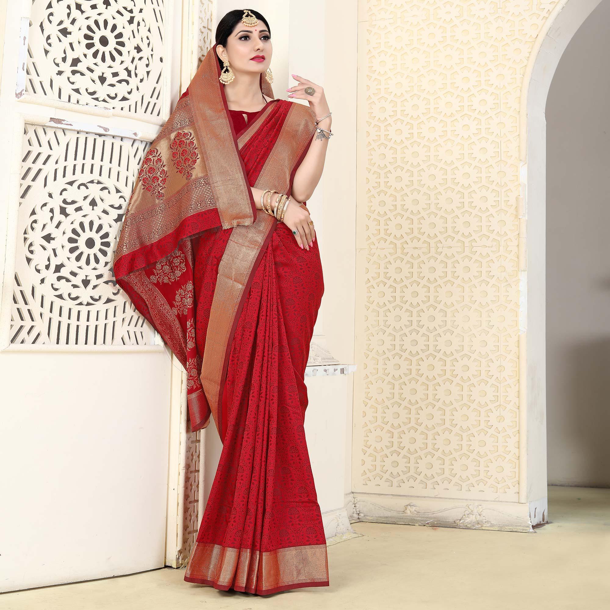 Red Festive Wear Jacquard Border Soft Silk Saree - Peachmode