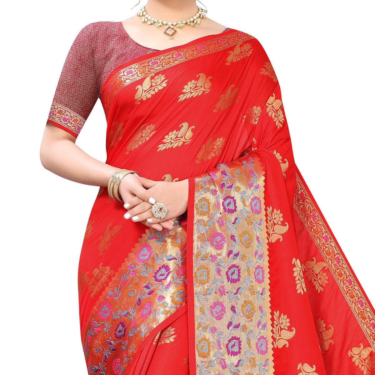 Red Festive Wear Jari Woven Heavy Silk Saree - Peachmode