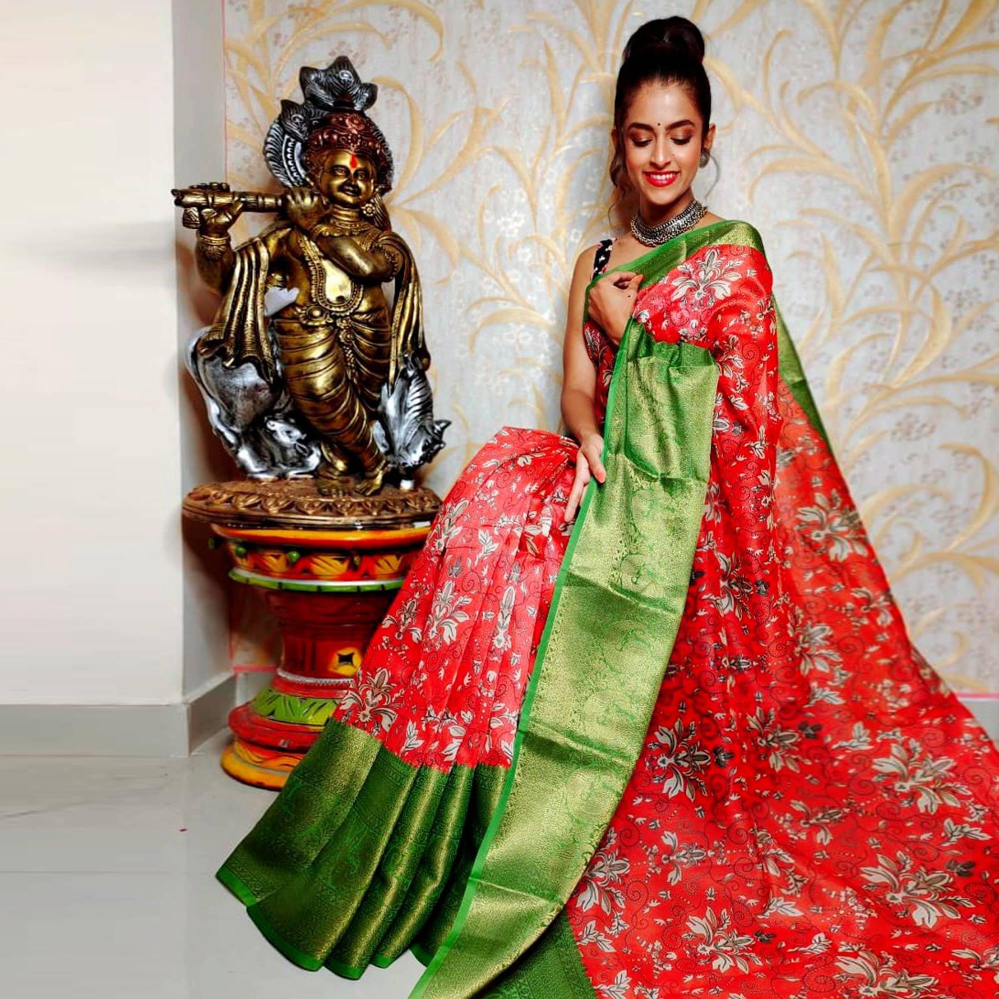 Red Festive Wear Kalamkari Printed Chanderi Silk Saree With Zari Weaving Border - Peachmode