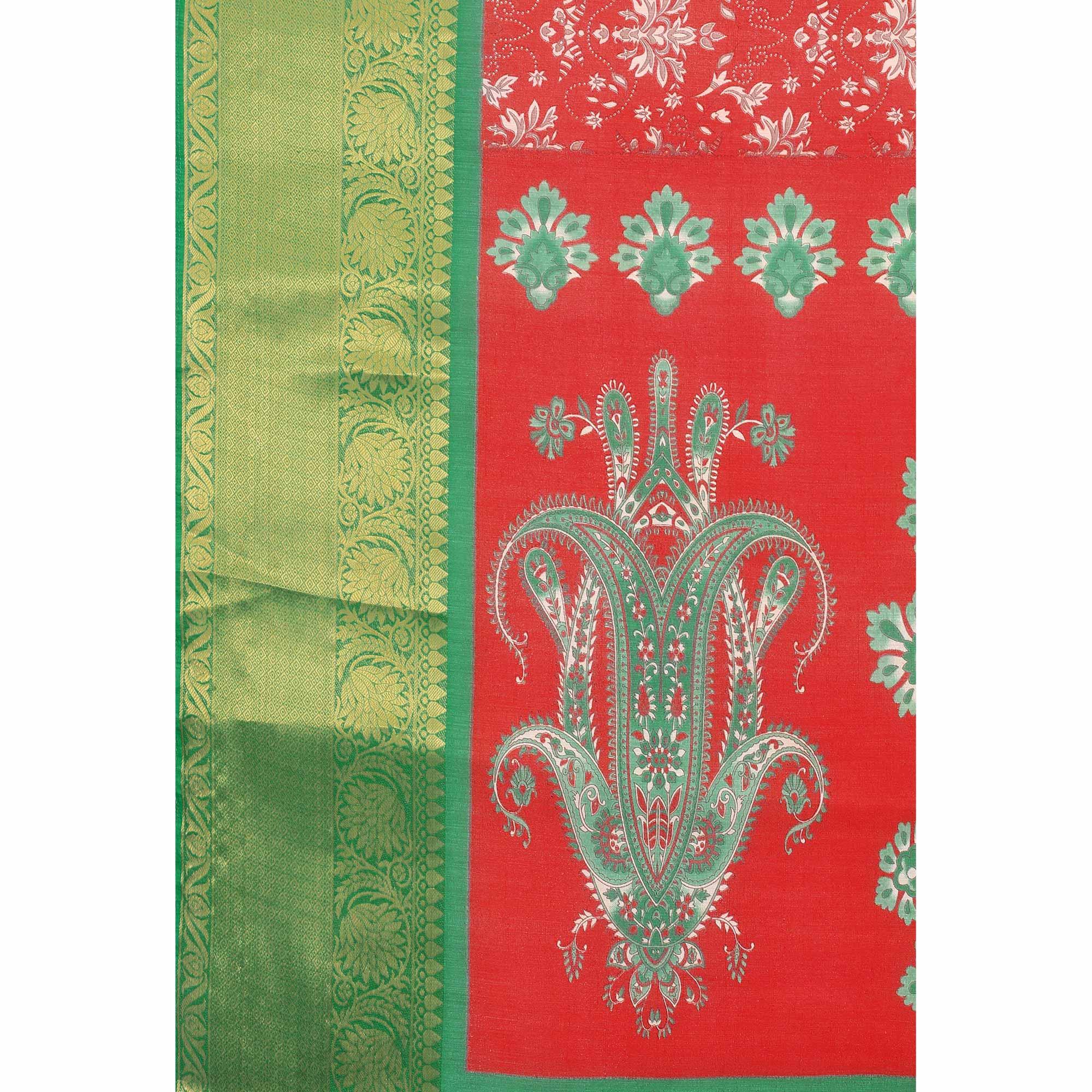 Red Festive Wear Kalamkari Printed Chanderi Silk Saree With Zari Weaving Border - Peachmode