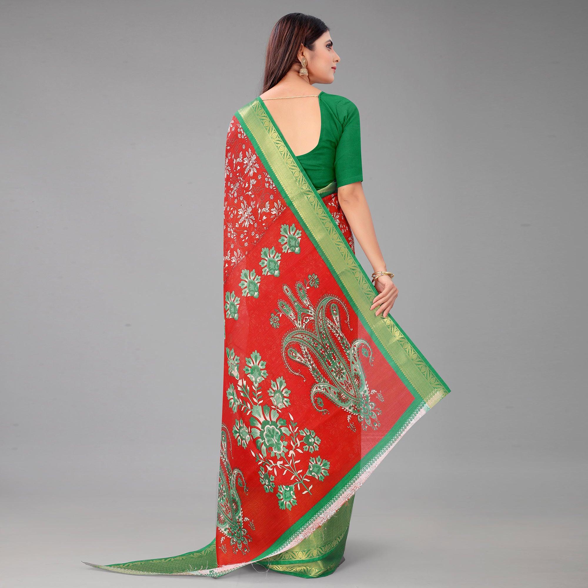 Red Festive Wear Kalamkari Printed Chanderi Silk Saree With Zari Weaving Border - Peachmode