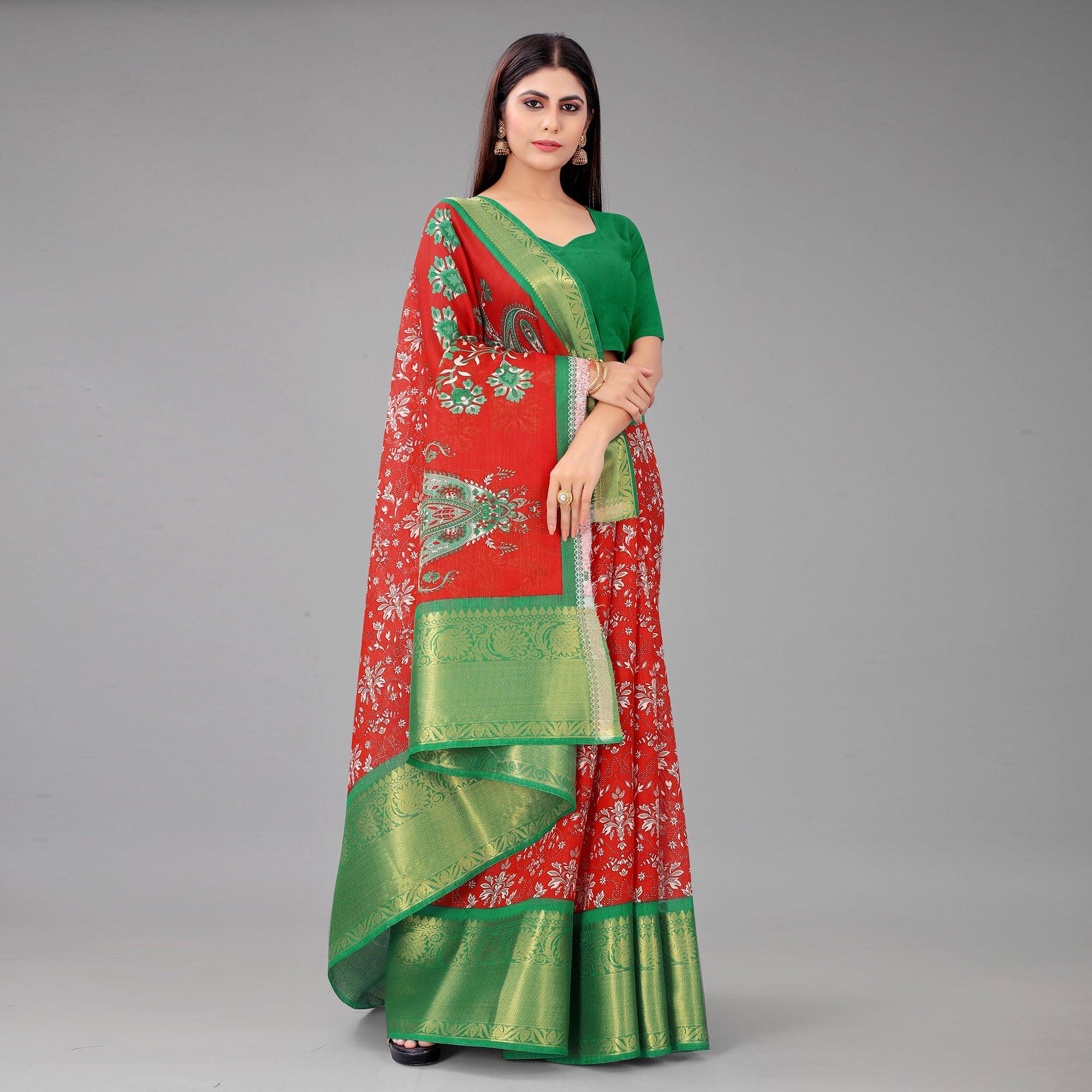 Red Festive Wear Kalamkari Printed Chanderi Silk Saree With Zari Weaving Border - Peachmode