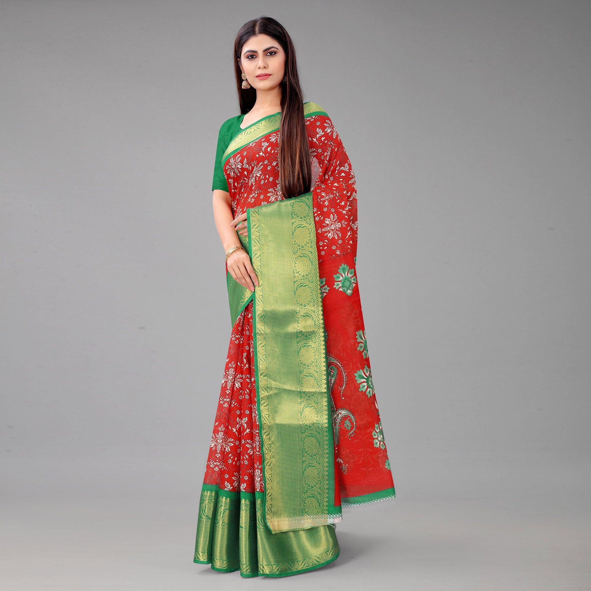 Red Festive Wear Kalamkari Printed Chanderi Silk Saree With Zari Weaving Border - Peachmode