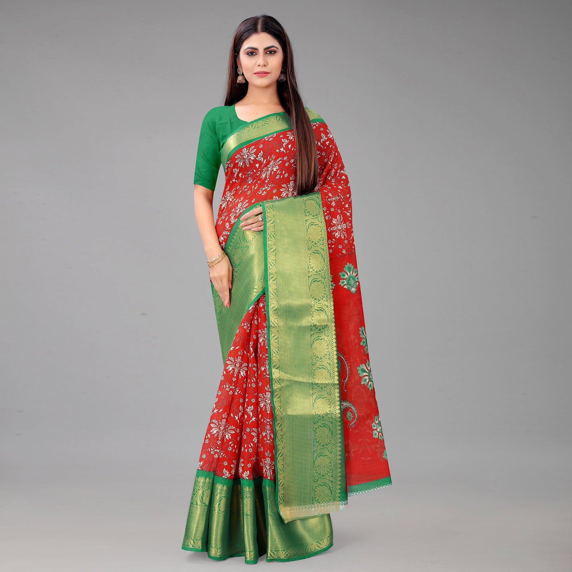 Red Festive Wear Kalamkari Printed Chanderi Silk Saree With Zari Weaving Border - Peachmode