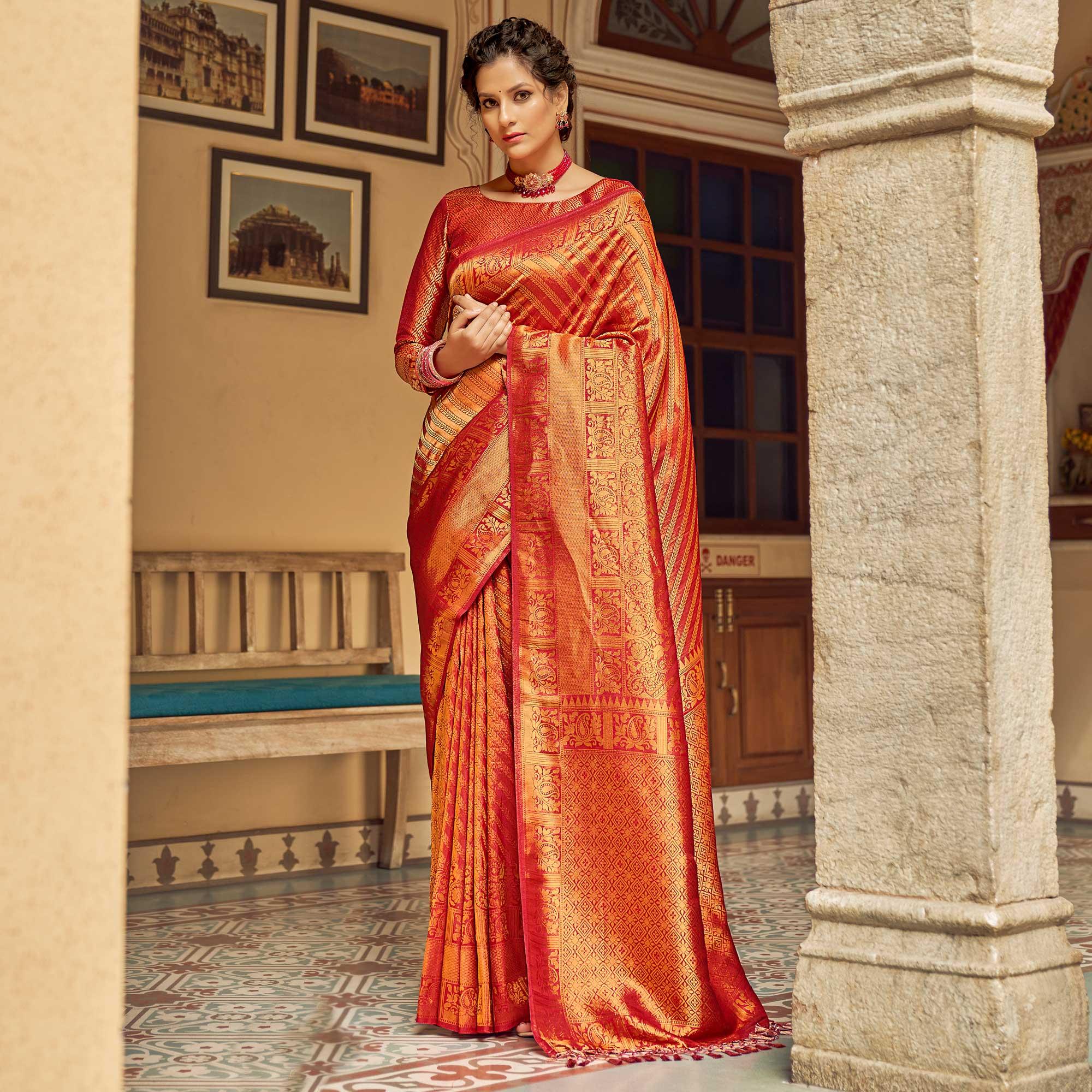Red Festive Wear Kanjivaram Blended Silk Saree With Tassels - Peachmode