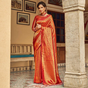 Red Festive Wear Kanjivaram Blended Silk Saree With Tassels - Peachmode