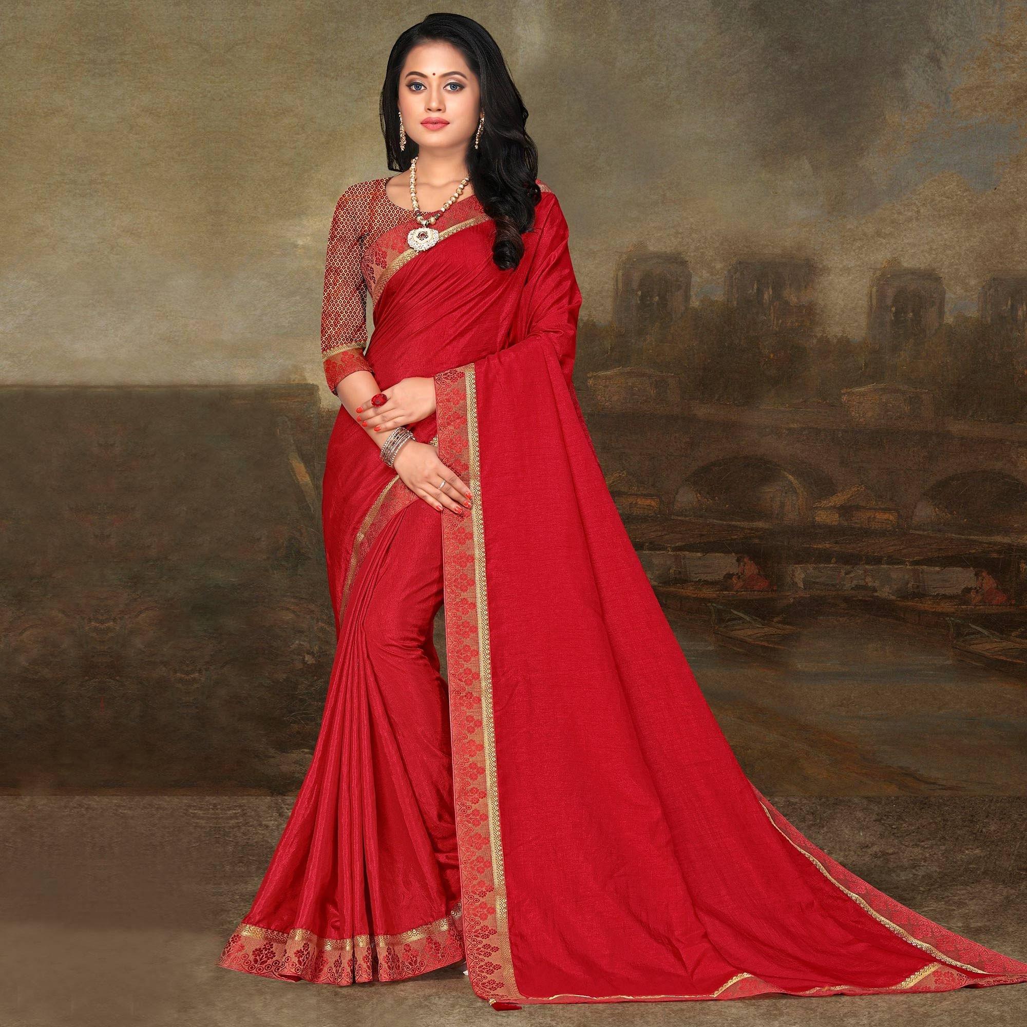 Red Festive Wear Lace Work Silk Saree - Peachmode