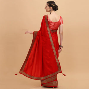 Red Festive Wear Lace Work Silk Saree - Peachmode