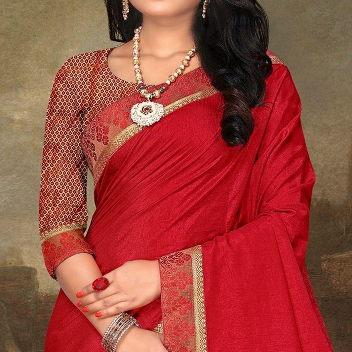 Red Festive Wear Lace Work Silk Saree - Peachmode