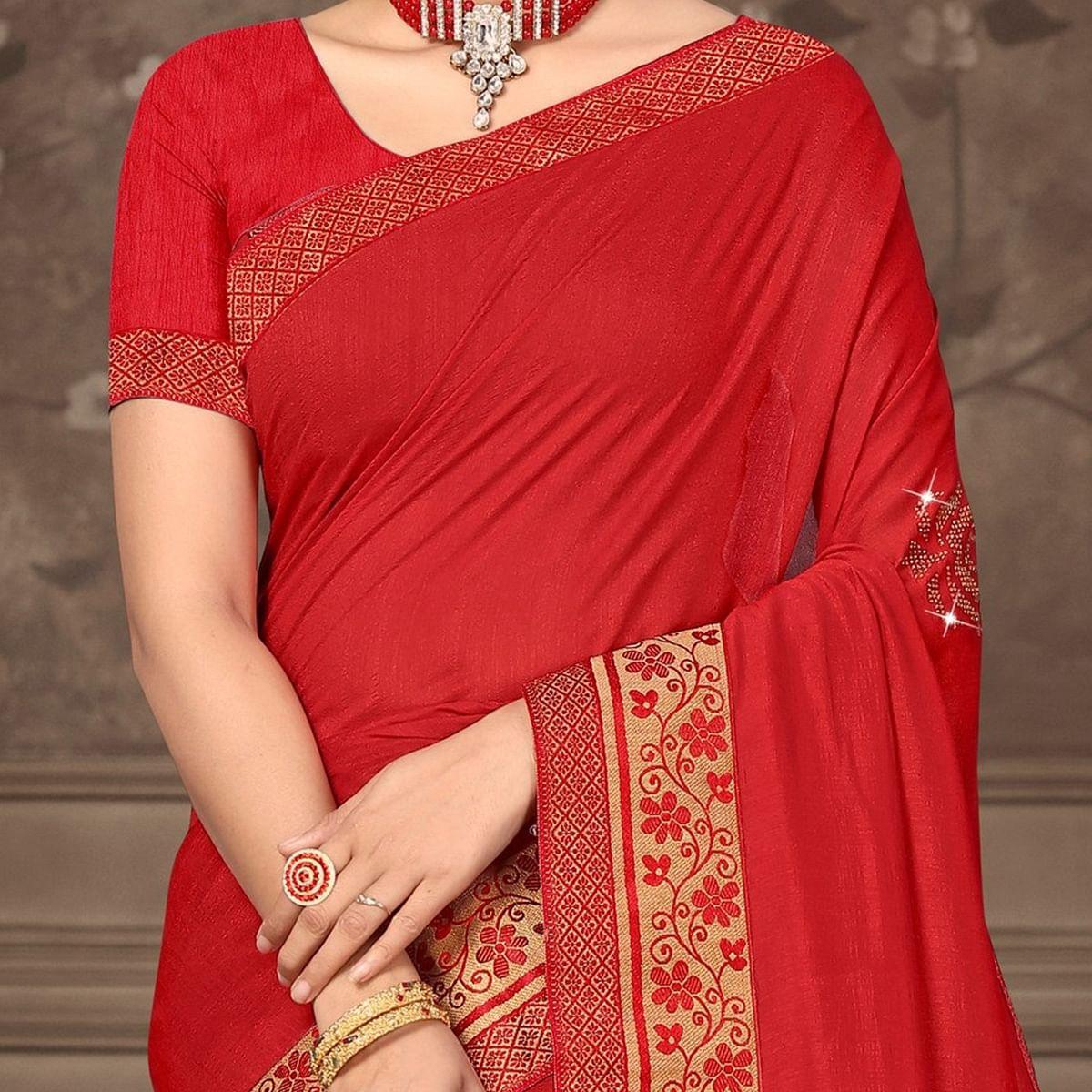 Red Festive Wear Lace Work Silk Saree - Peachmode