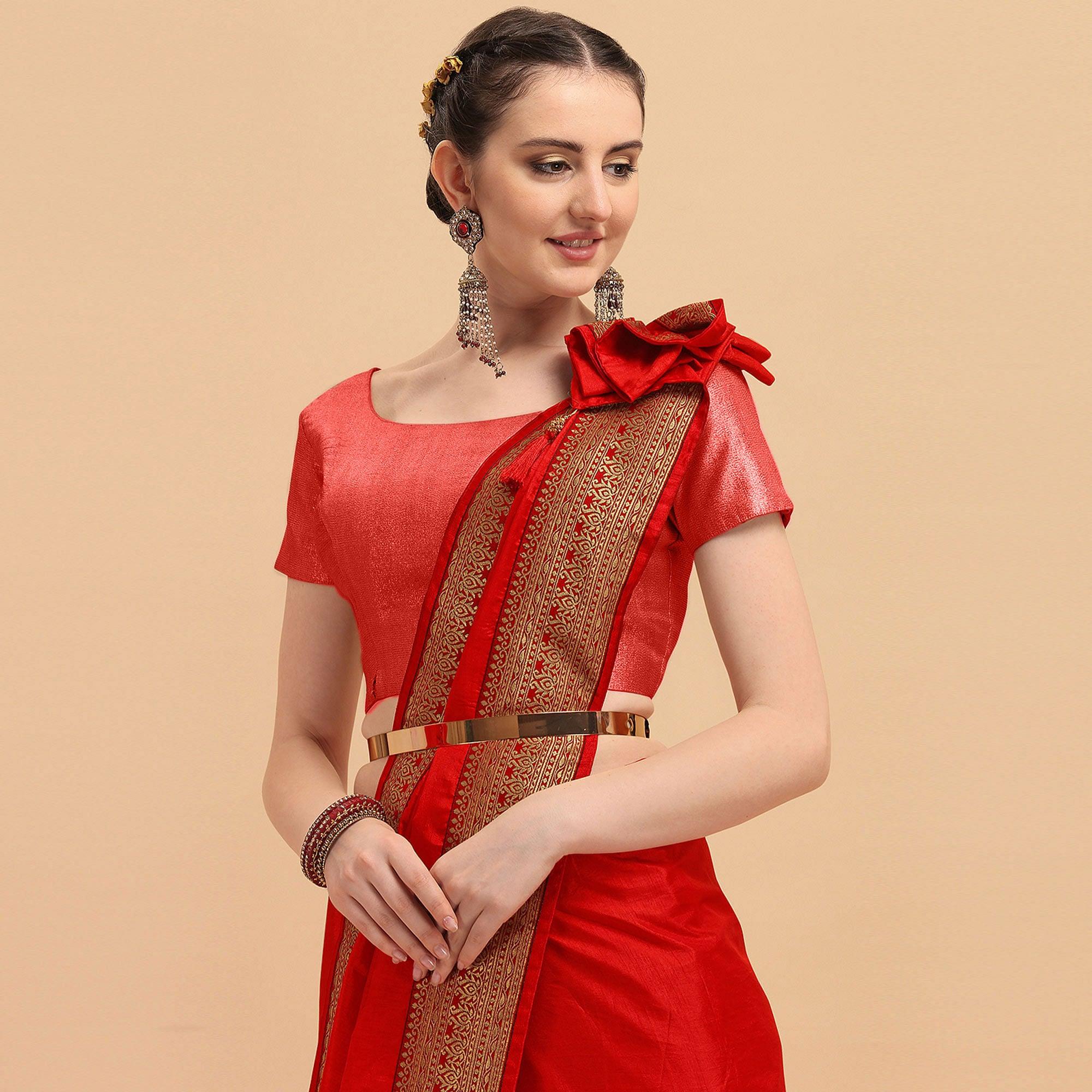 Red Festive Wear Lace Work Silk Saree - Peachmode