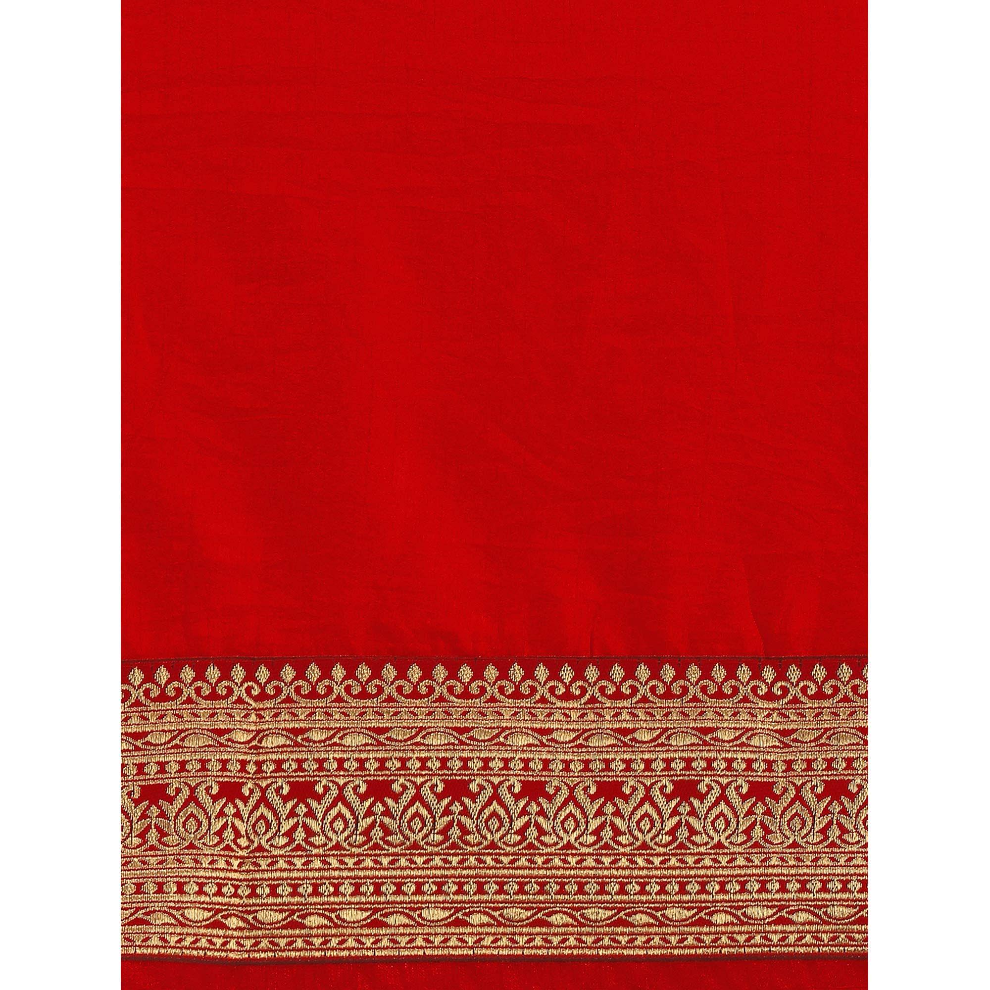 Red Festive Wear Lace Work Silk Saree - Peachmode