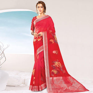 Red Festive Wear Printed & Woven Organza Saree - Peachmode