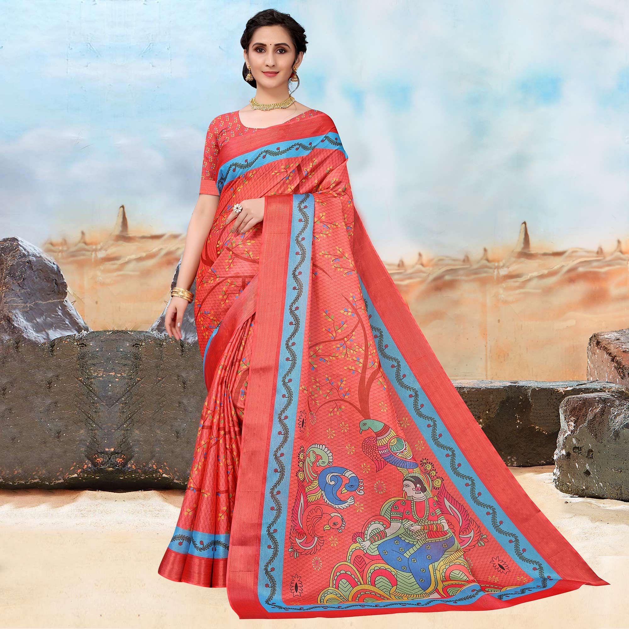 Red Festive Wear Printed Art Silk Saree - Peachmode