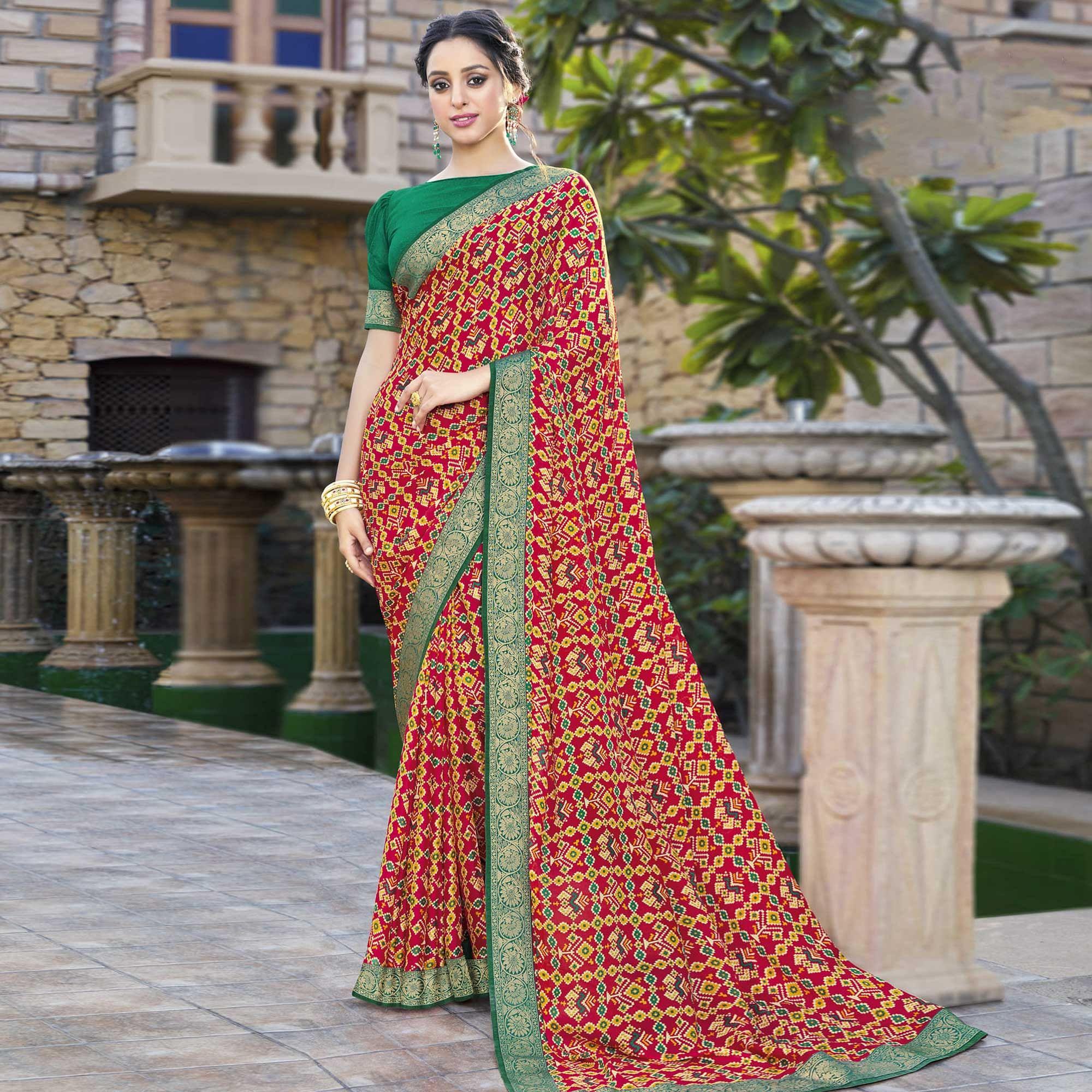 Red Festive Wear Printed Chiffon Saree - Peachmode