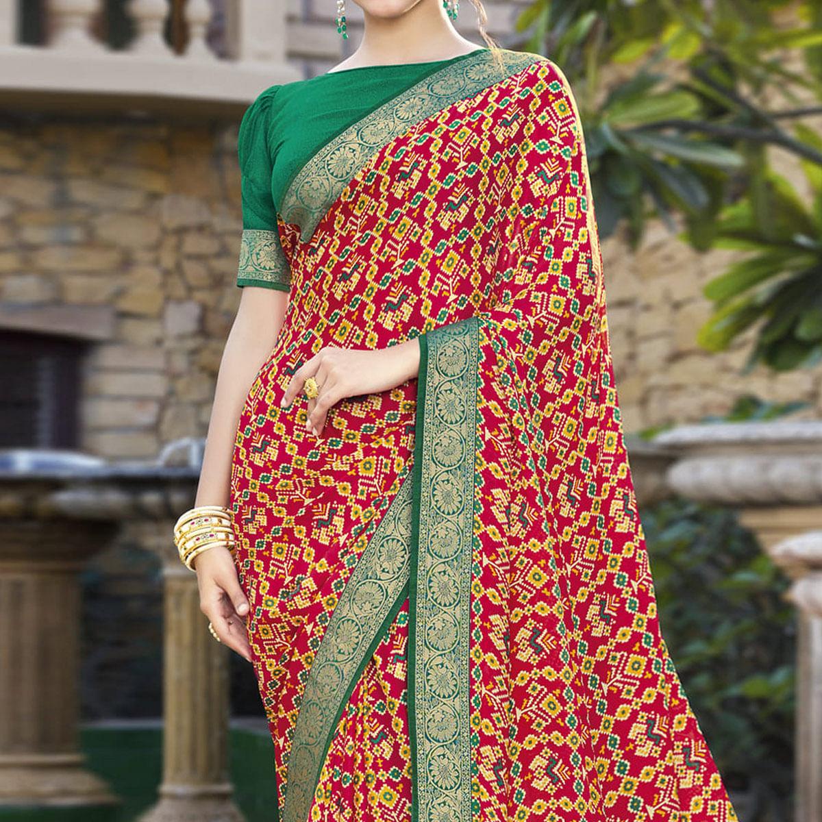 Red Festive Wear Printed Chiffon Saree - Peachmode