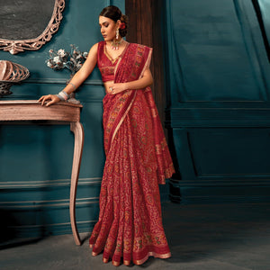 Red Festive Wear Printed Cotton Saree - Peachmode