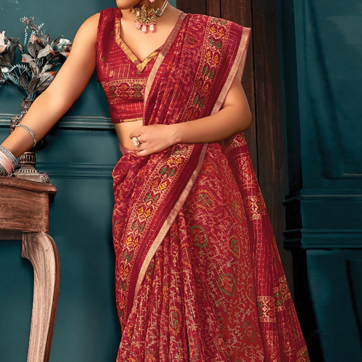 Red Festive Wear Printed Cotton Saree - Peachmode