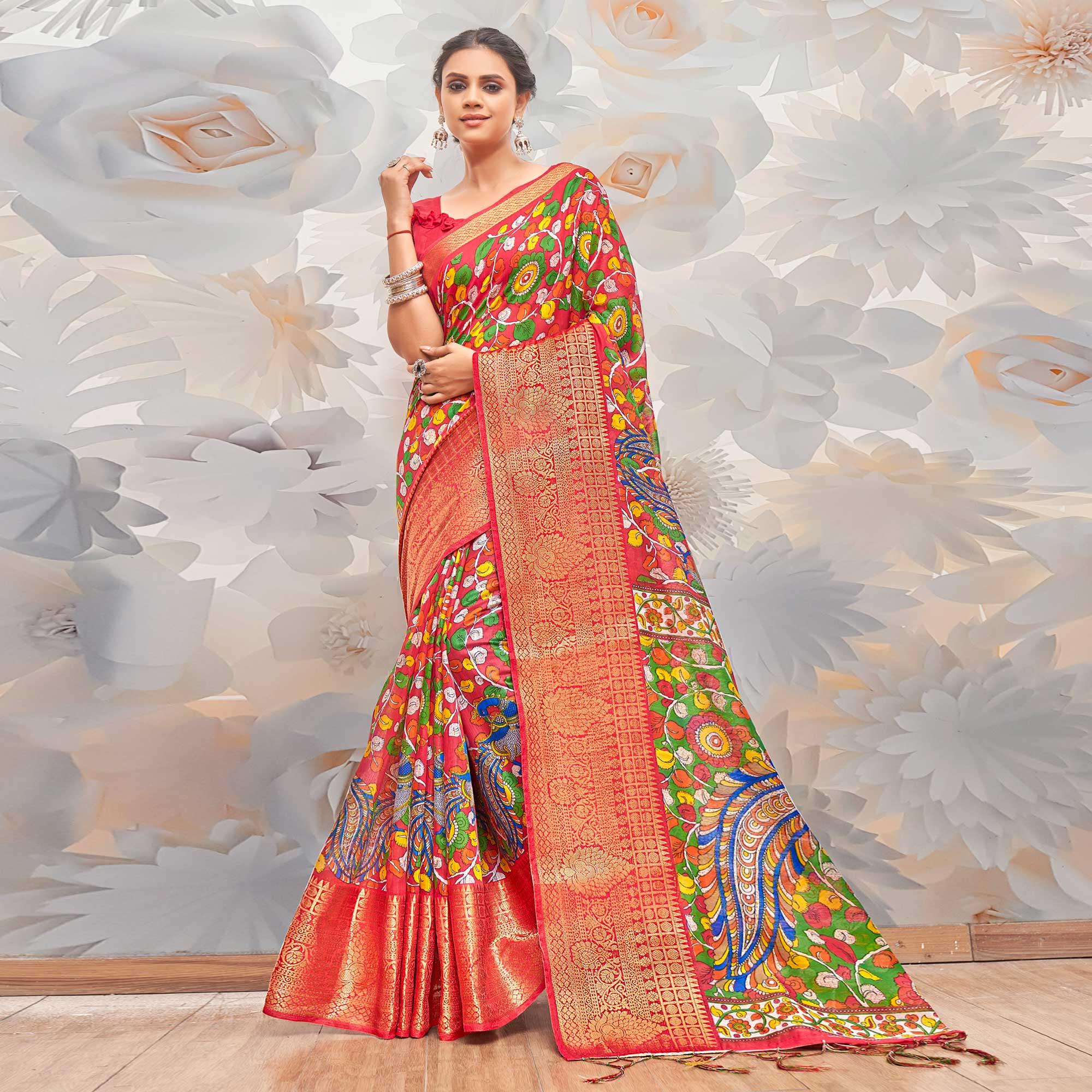 Red Festive Wear Printed Cotton Silk Saree - Peachmode