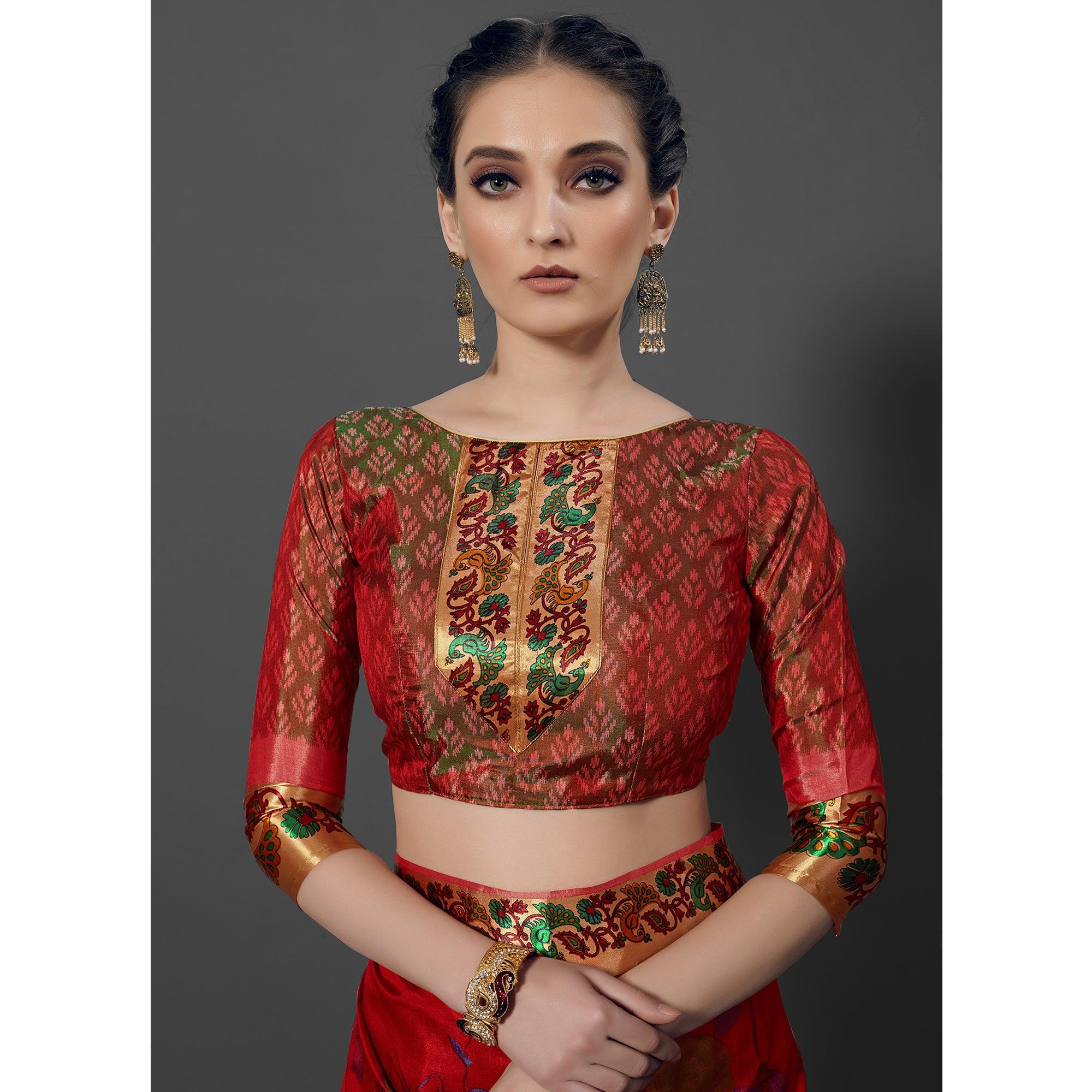 Red Festive Wear Printed Dhakai Silk Saree - Peachmode