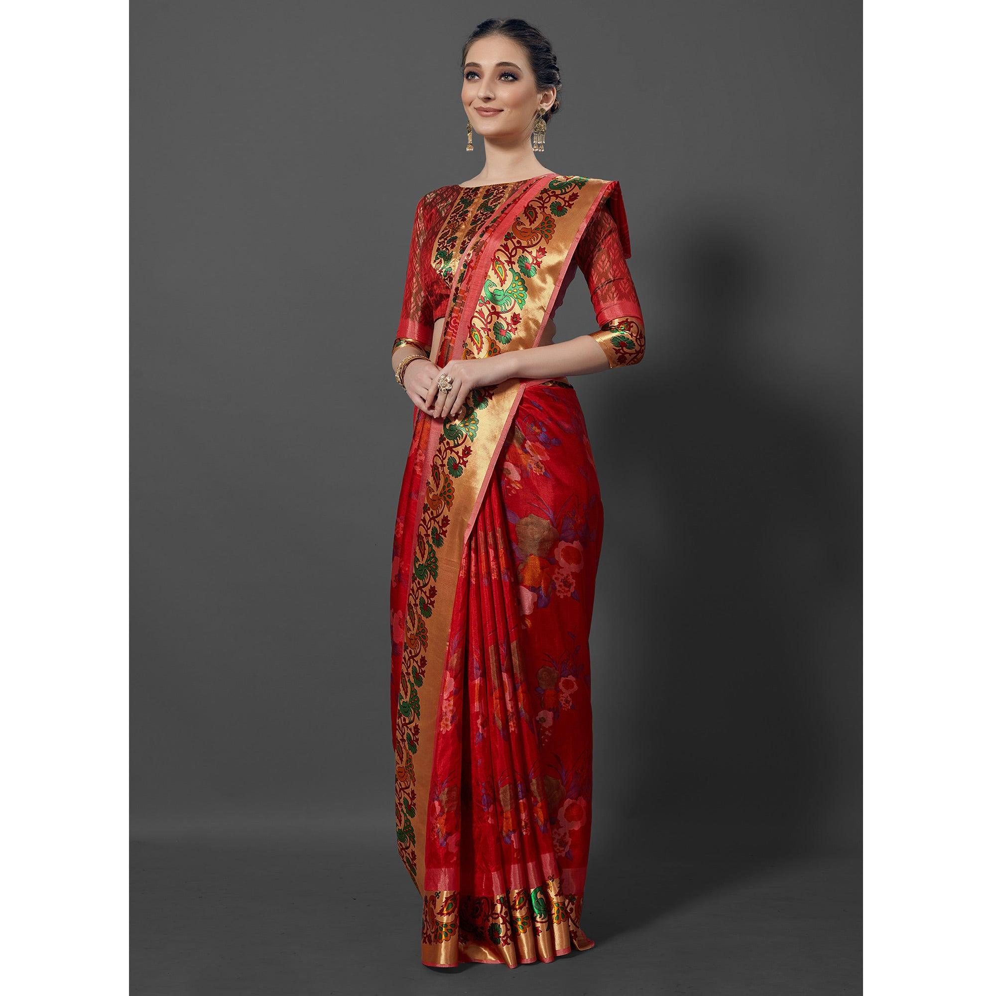 Red Festive Wear Printed Dhakai Silk Saree - Peachmode