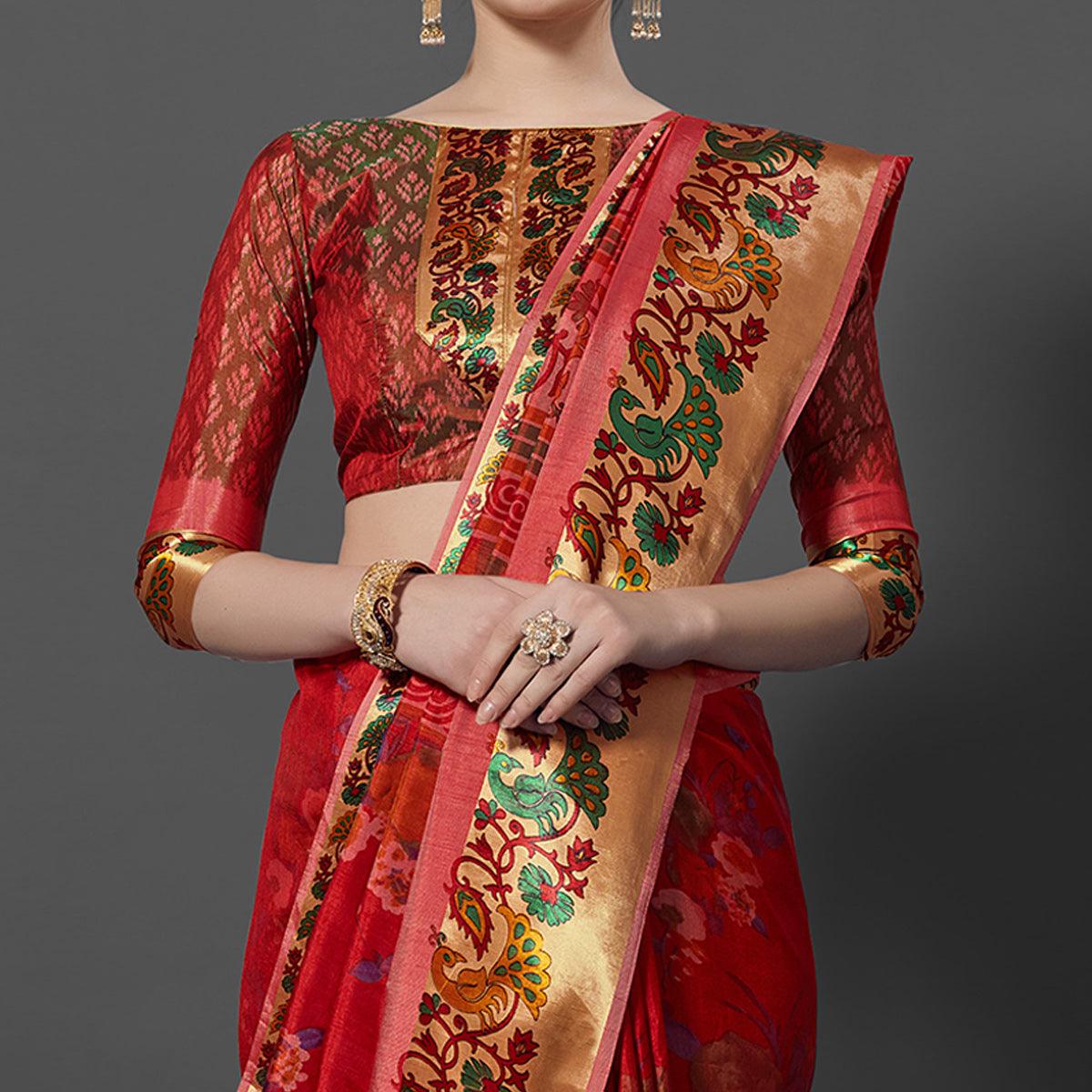 Red Festive Wear Printed Dhakai Silk Saree - Peachmode