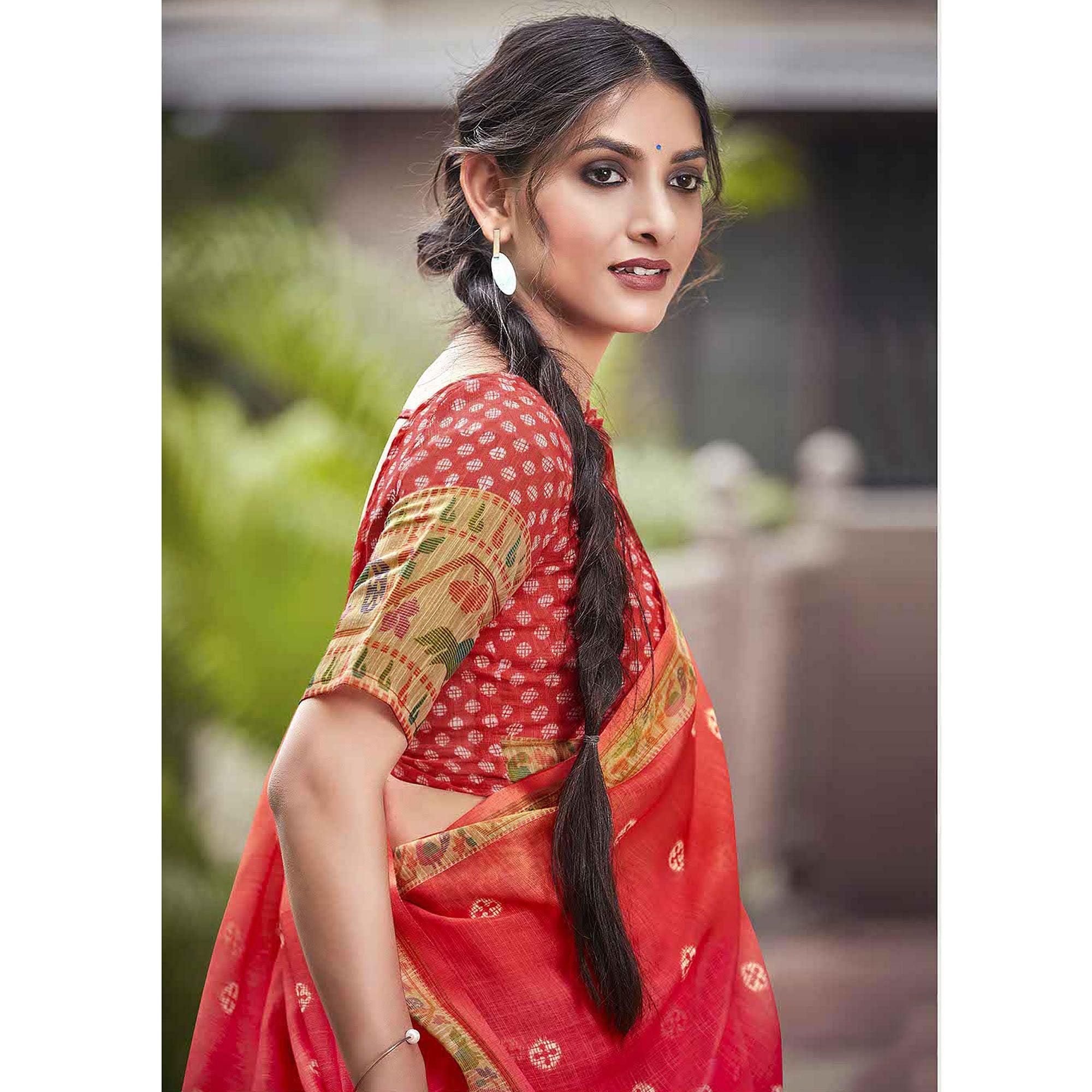 Red Festive Wear Printed Linen Saree With Border - Peachmode