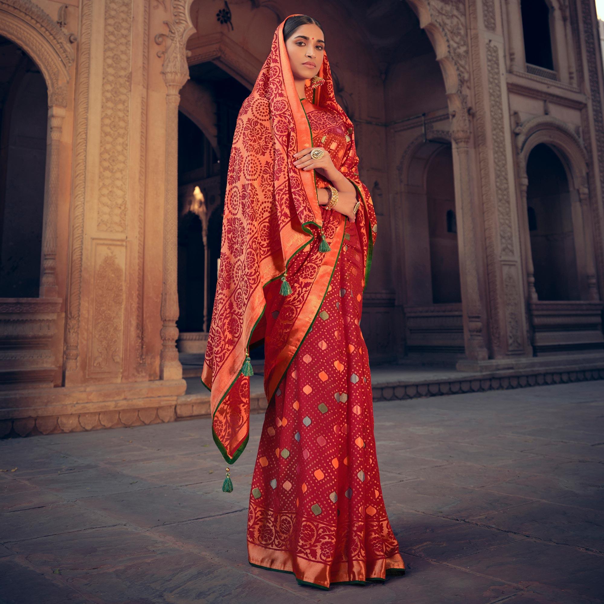 Red Festive Wear Printed Moss Brasso Paithani Silk Saree - Peachmode