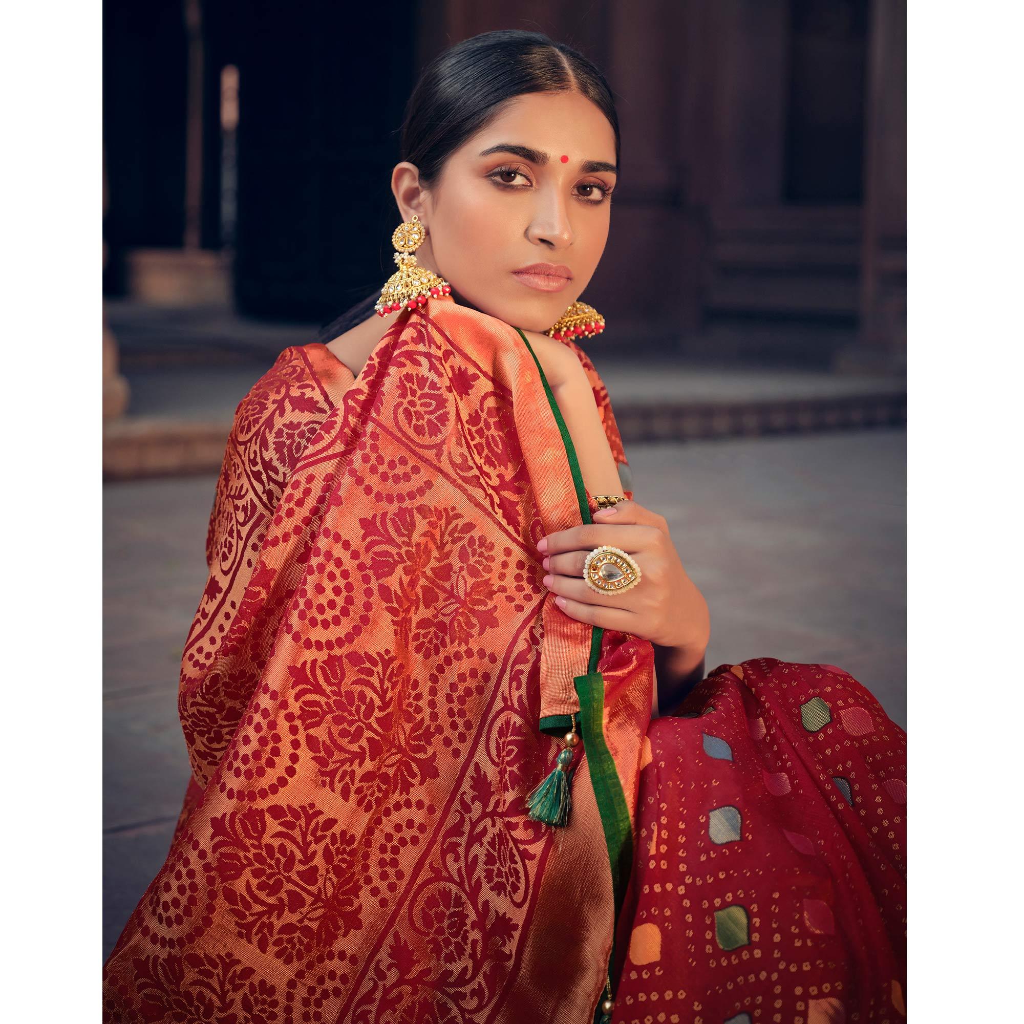 Red Festive Wear Printed Moss Brasso Paithani Silk Saree - Peachmode