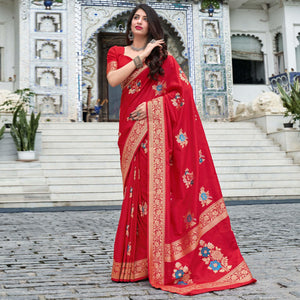 Red Festive Wear Printed Silk Saree - Peachmode