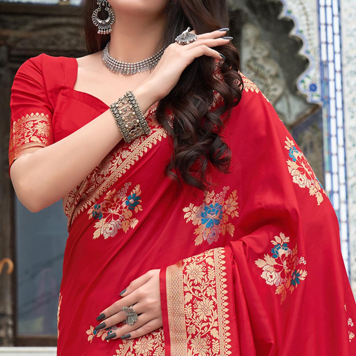 Red Festive Wear Printed Silk Saree - Peachmode