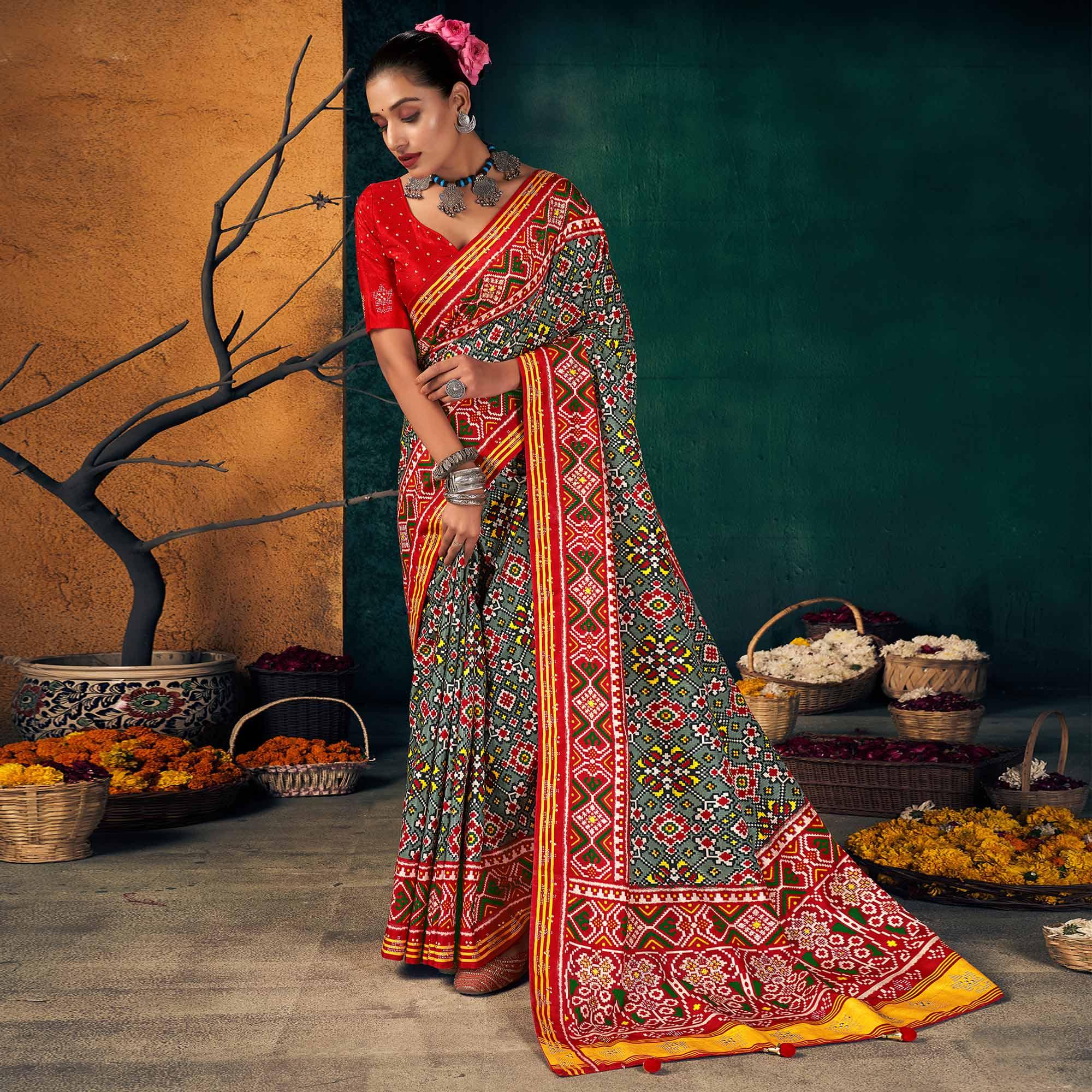 Red Festive Wear Printed With Foil Border Dola Silk Saree - Peachmode