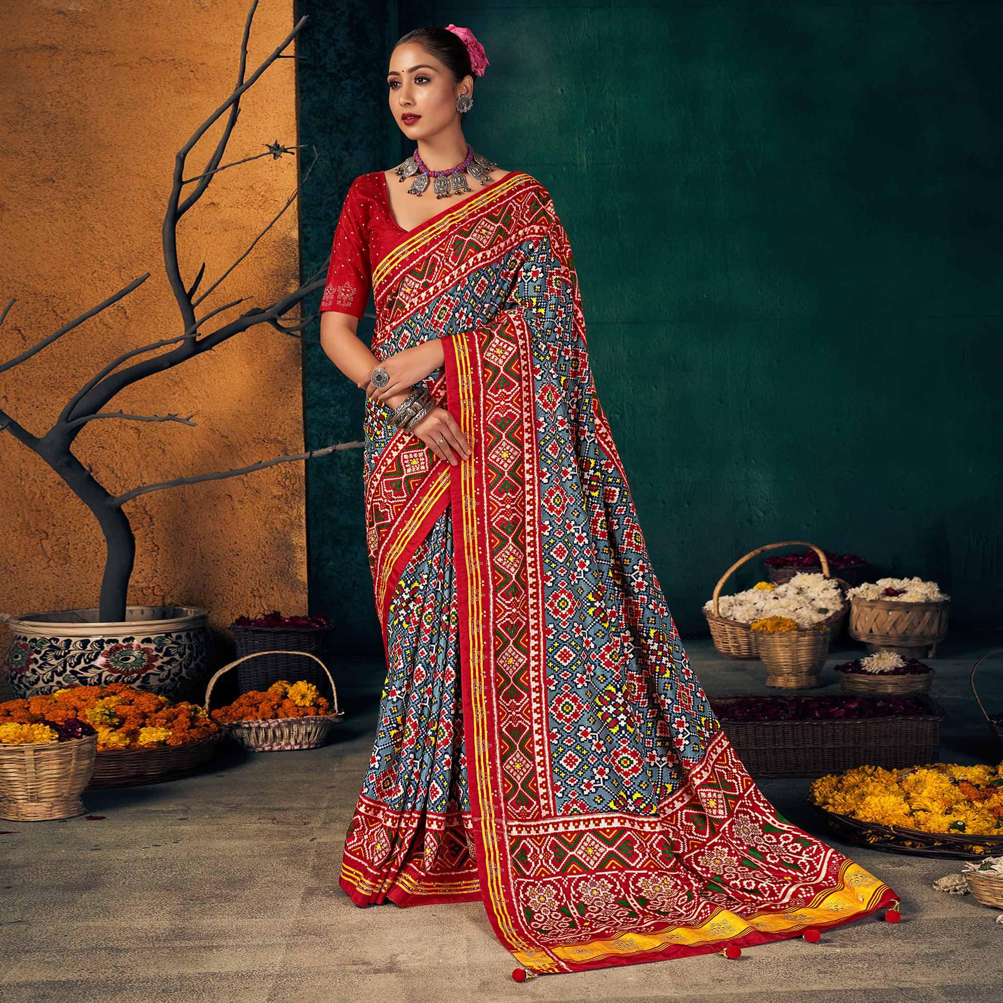 Red Festive Wear Printed With Foil Border Dola Silk Saree - Peachmode