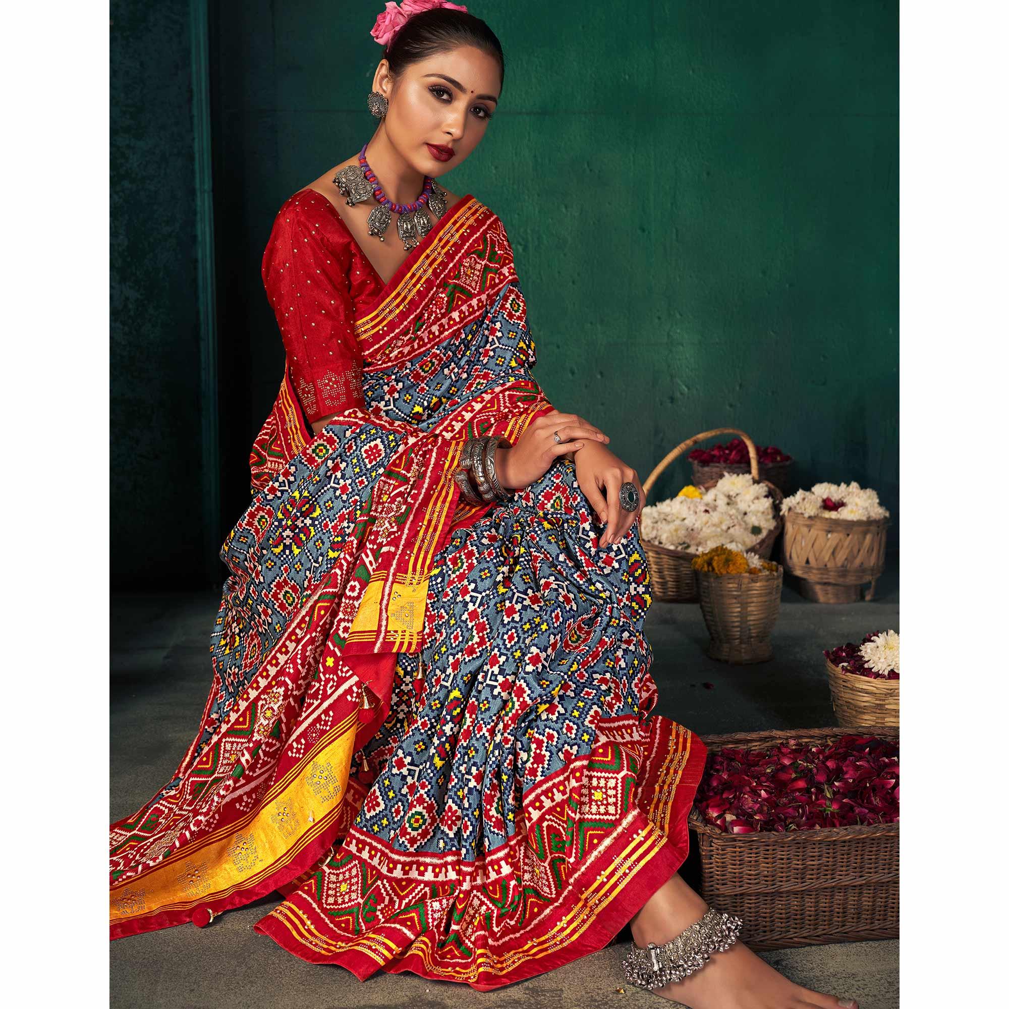 Red Festive Wear Printed With Foil Border Dola Silk Saree - Peachmode