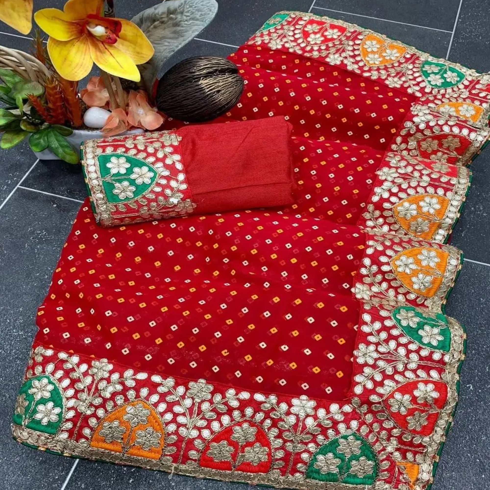 Red Festive Wear Printed With Gota Lace Gerogatte Saree - Peachmode