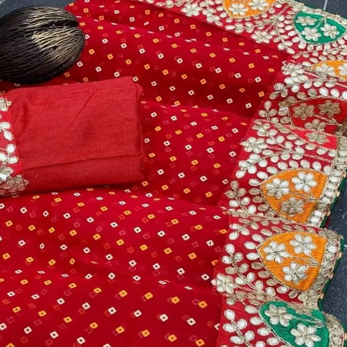 Red Festive Wear Printed With Gota Lace Gerogatte Saree - Peachmode