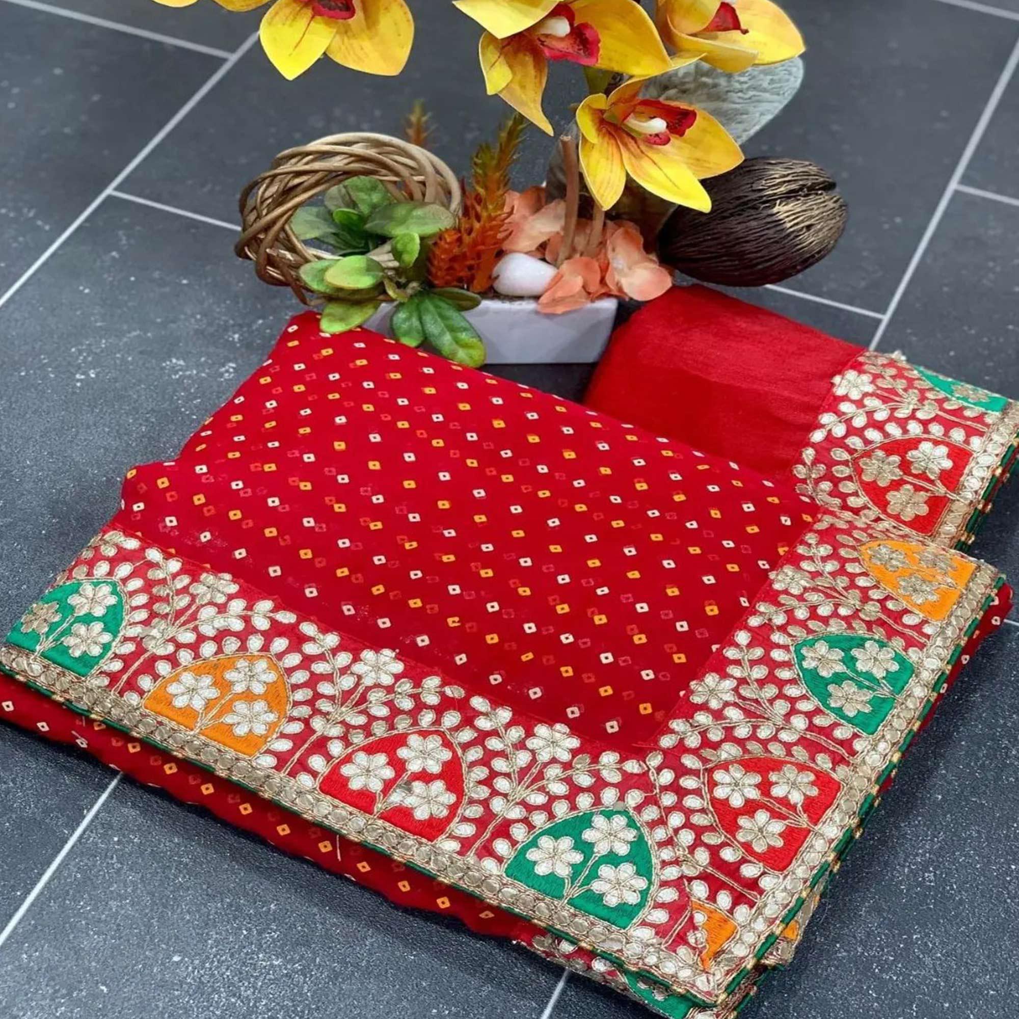 Red Festive Wear Printed With Gota Lace Gerogatte Saree - Peachmode