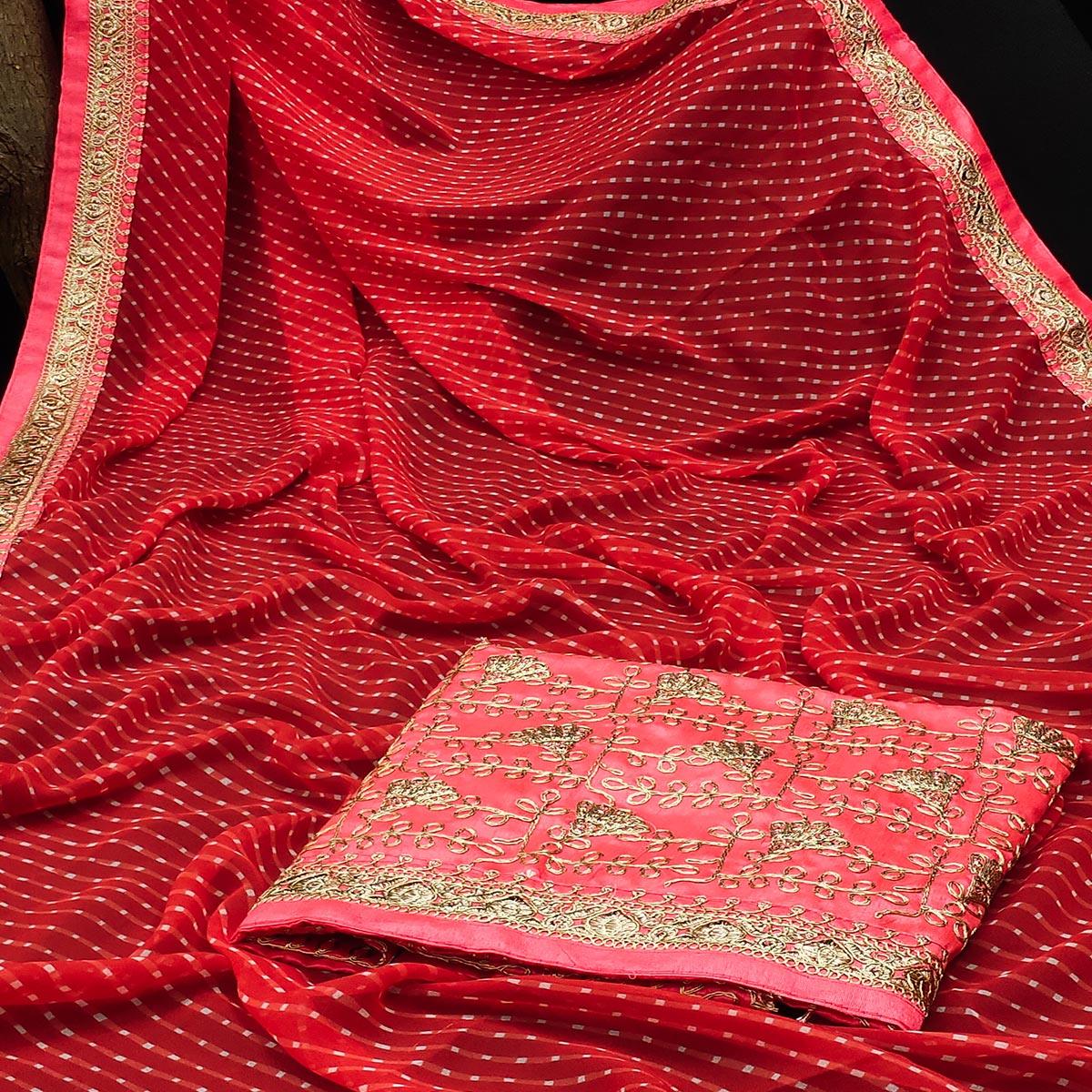 Red Festive Wear Printed With Lace Border Georgette Saree - Peachmode