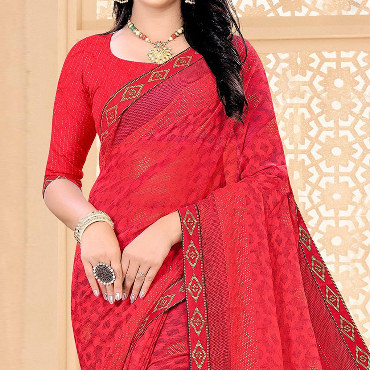 Red Festive Wear Printed With Lace Work Chiffon Designer Saree - Peachmode