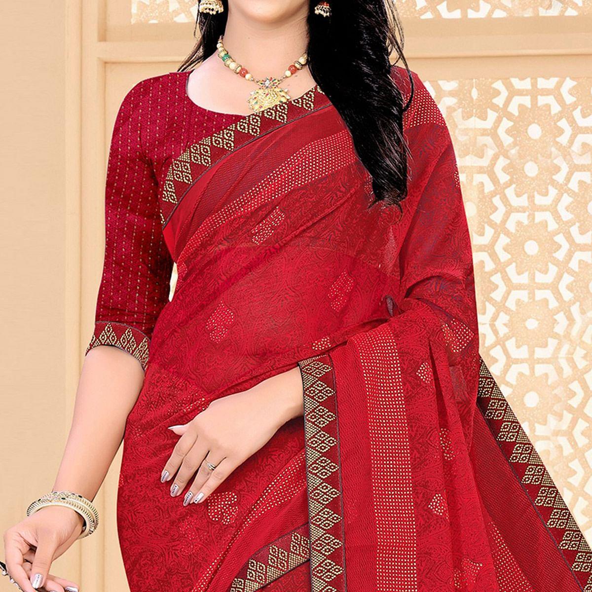 Red Festive Wear Printed With Lace Work Chiffon Designer Saree - Peachmode