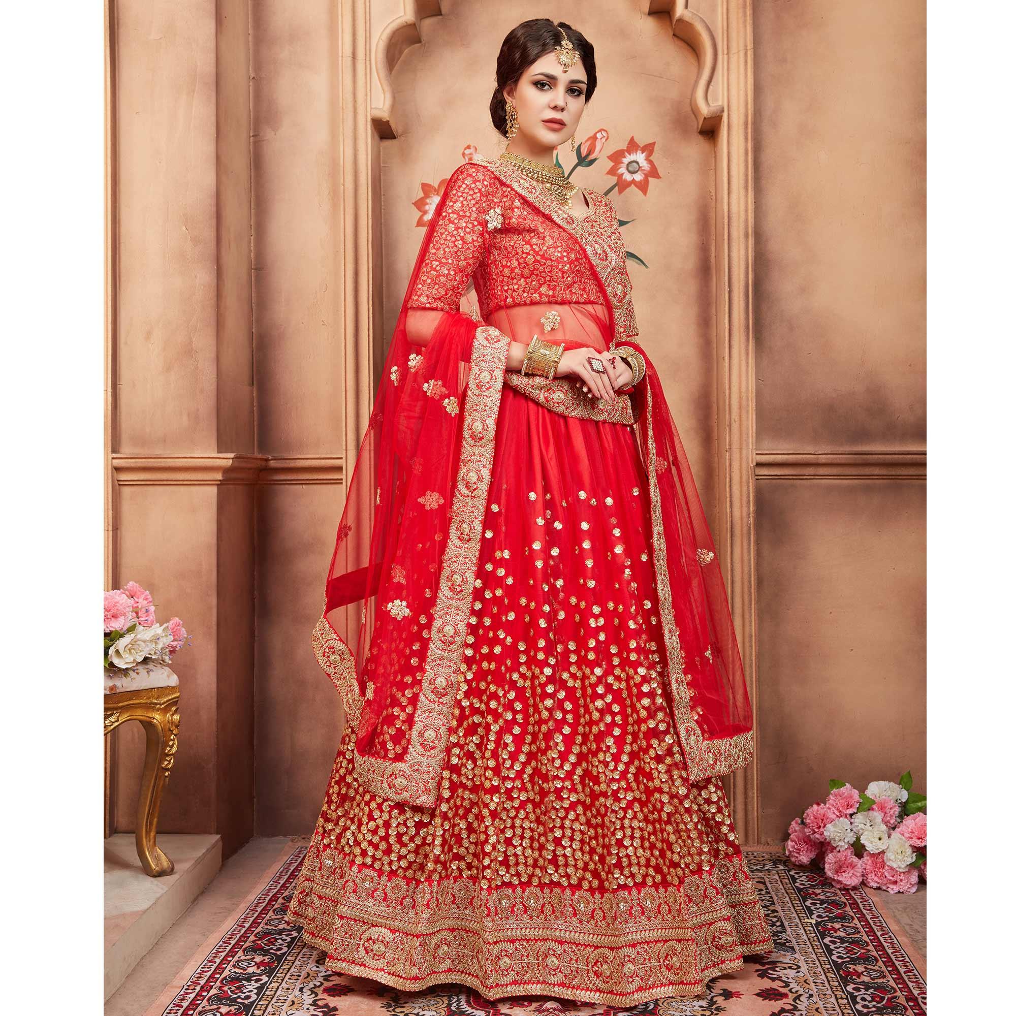 Red Festive Wear Sequence Dori Work Soft Net Lehenga Choli - Peachmode