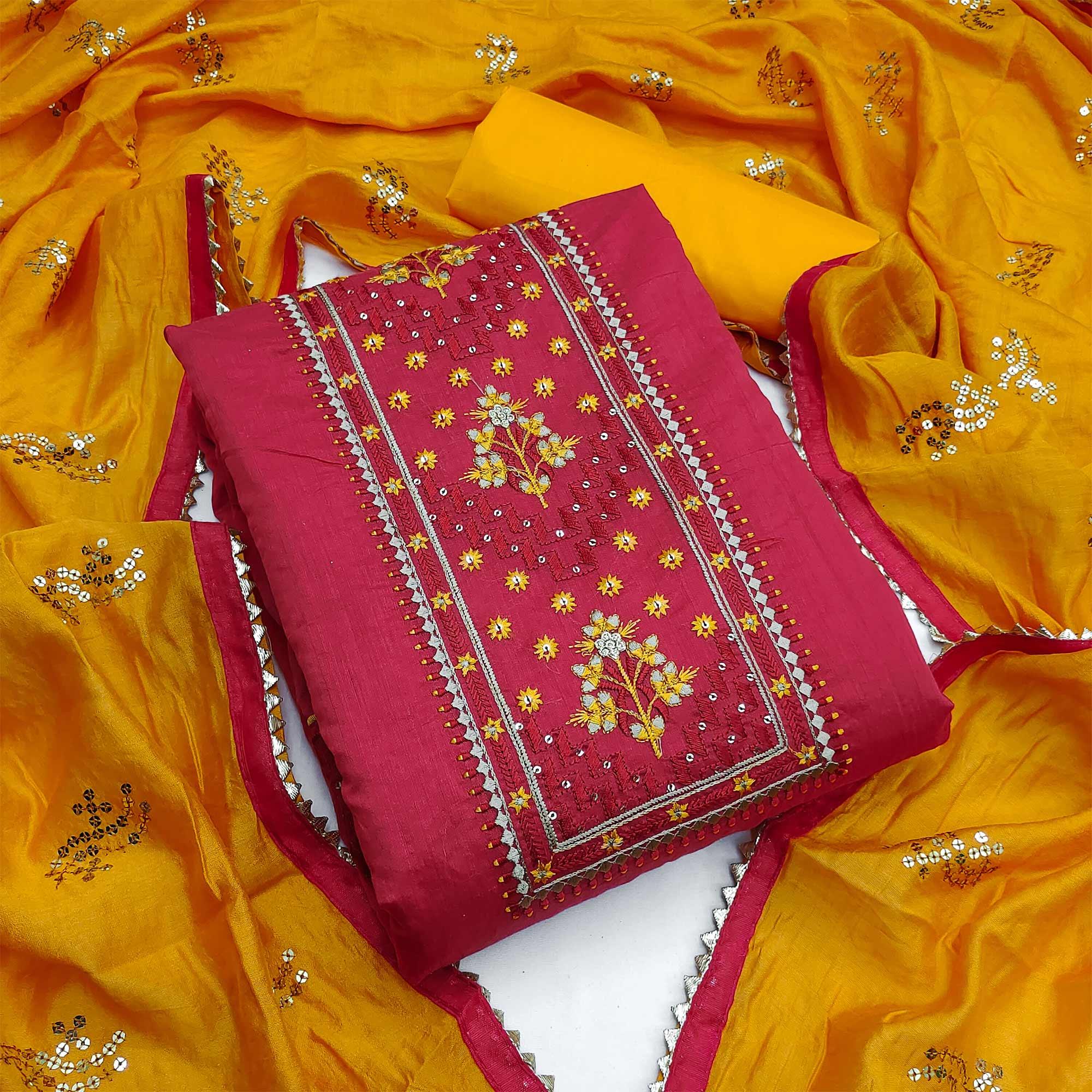 Red Festive Wear Sequence Embroidered Chanderi Dress Material - Peachmode