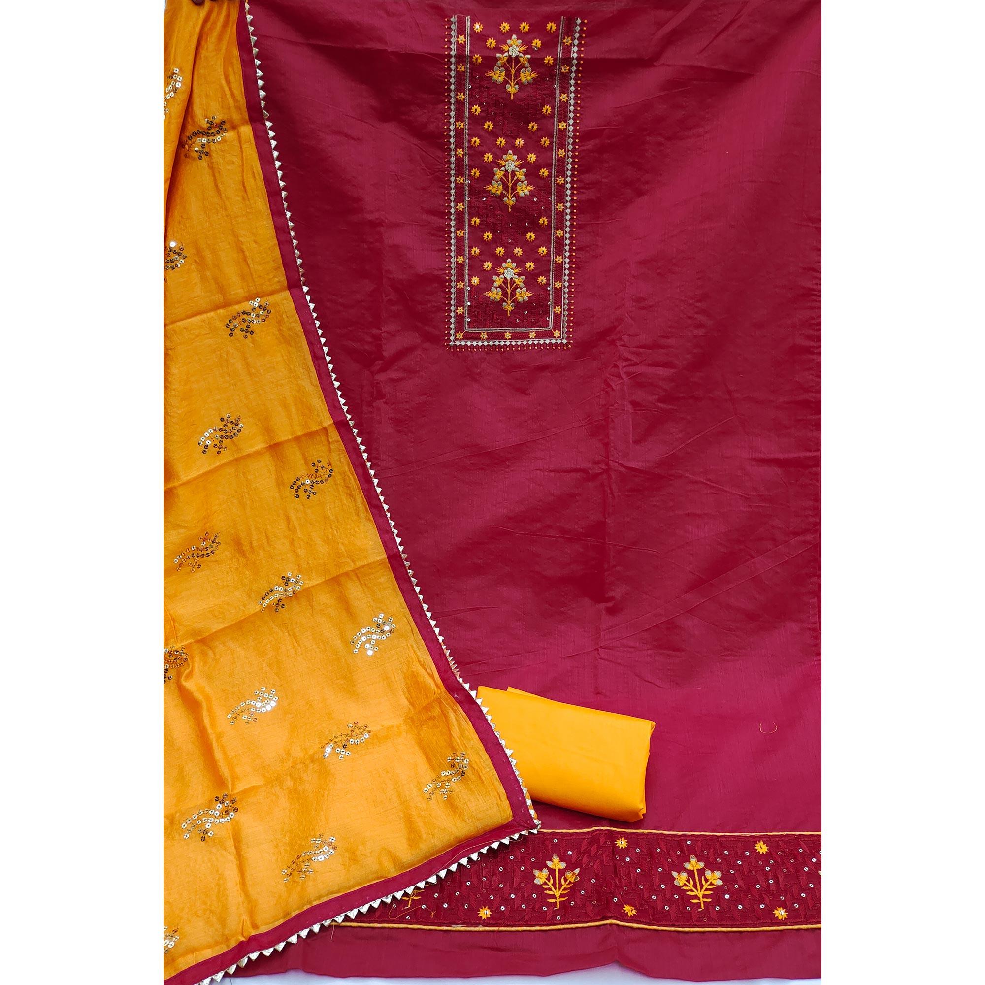 Red Festive Wear Sequence Embroidered Chanderi Dress Material - Peachmode